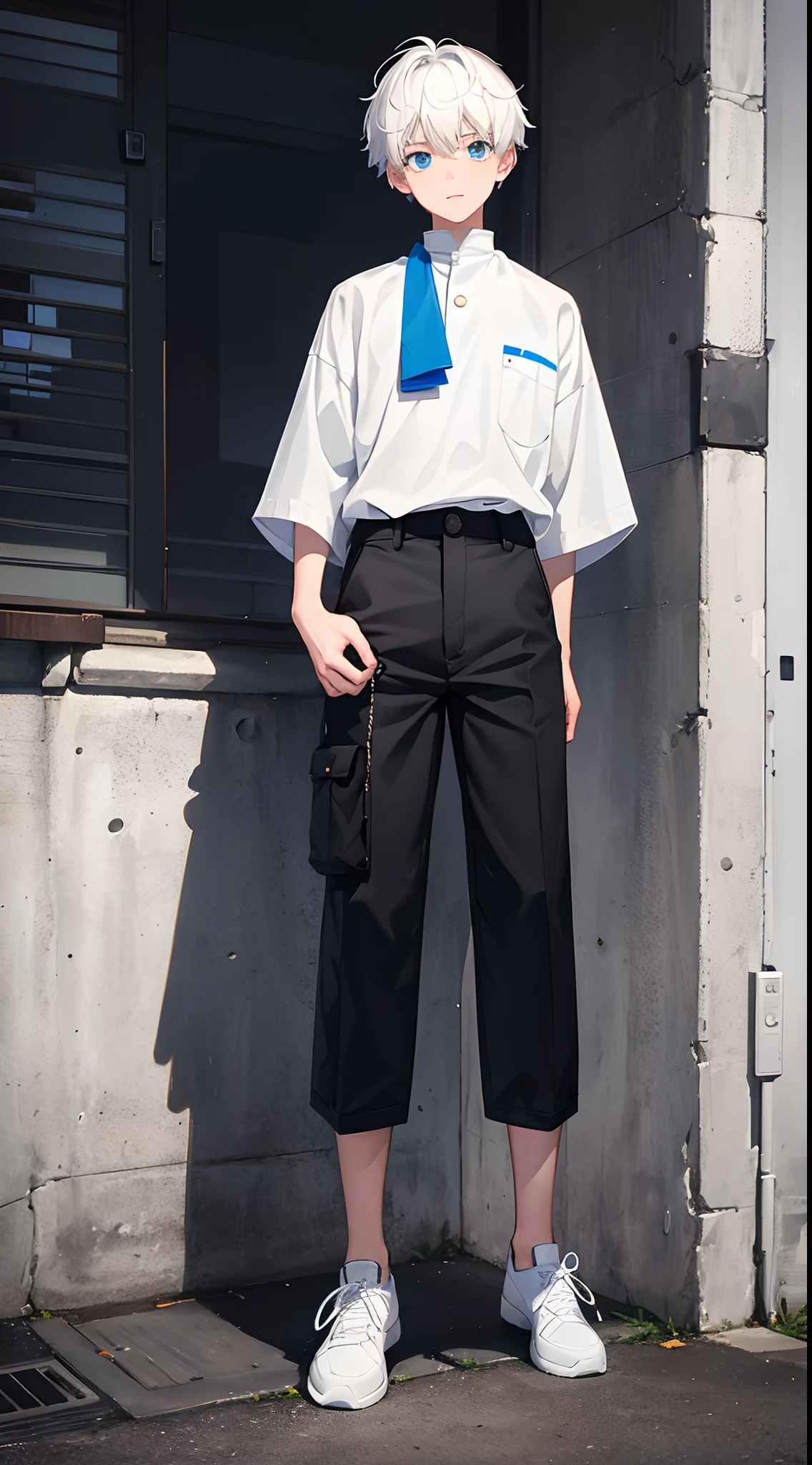 -yeld boith short white hair,Blue pupil,White color blouse,Black loose cargo pants,Full body photo