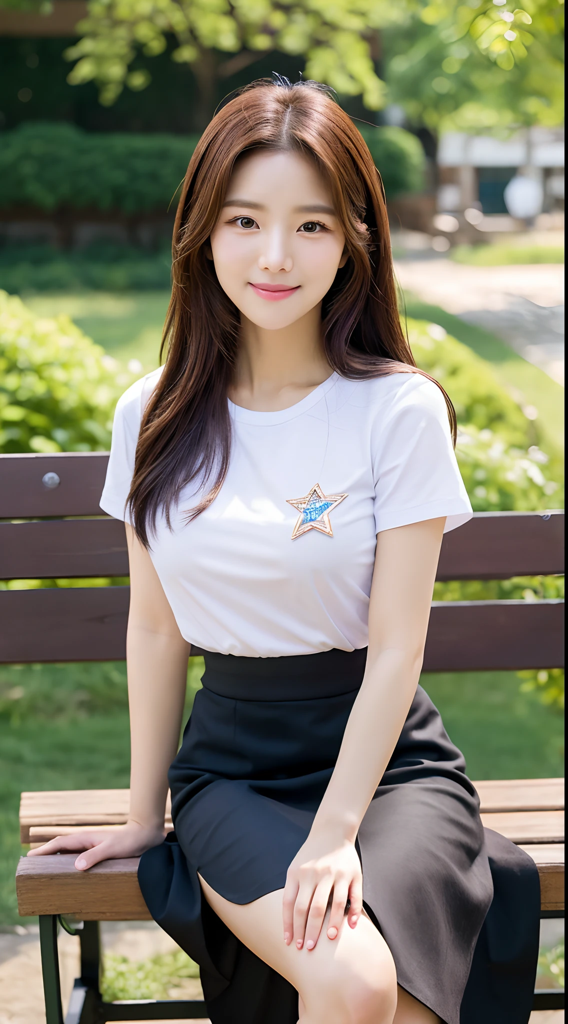 Realistic photos of (1 cute Korean star) medium hair, slightly smile, 32 inch breasts size,wearing white shirt, black skirt, sitting on a bench in front of village, close-up, UHD