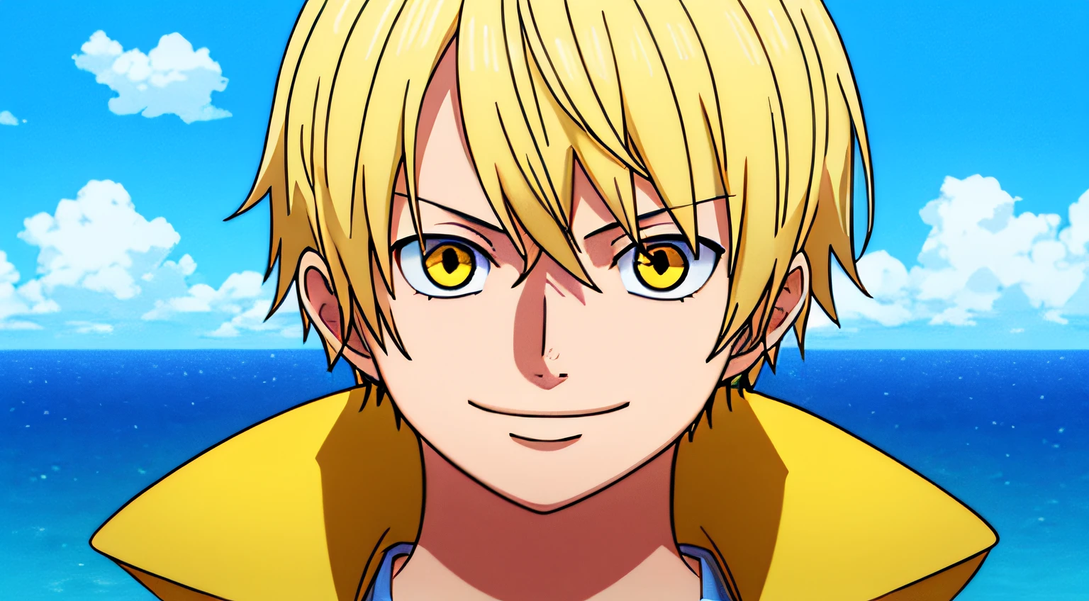 1boy, wanostyle, smiling, looking at away from viewer, standing far away, looking at horizon, looking at sea, solo, upper body, ((masterpiece)), (best quality), (extremely detailed), depth of field, sketch, sharp focus, soft lighting, hdr, colorful, good composition, sunny background, spectacular, black and yellow scientist coat, anime screencap, blonde hair, ready to fight, yellow eyes, young, detailed eyes, black outfit, short hair, happy, blue skies, yellow light superpower