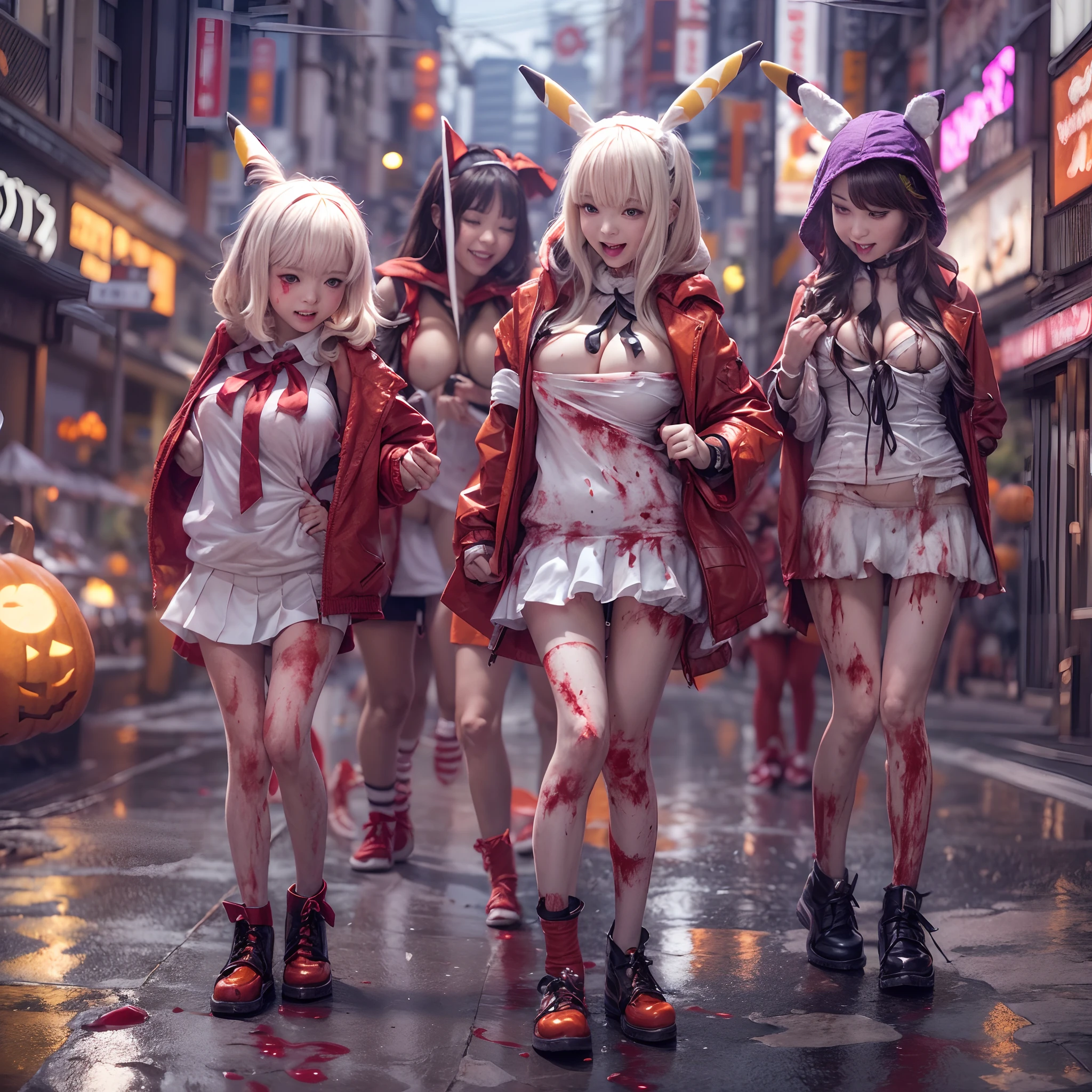 (((SFW, NSFW STILL SHOW, 12 Tiny Girls in a row:1.2, Shibuya Hachiko-mae scramble crossing on Halloween:1.2))), ((masterpiece:1.2, best quality, photorealistic:1.37)), {(Standing Full Body:1.2)|(from below:1.2)}, bandaged full body, (bandaged head and limbs), ((naked bandage)), {((bloody))|blood paste|(Red-stained bandages)}, ((Detailed KAWAII face, Detailed glistening ivory skin)), {Bustling street|Crossroads|(Passerby schoolgirls)| halloween| neon}, {(Childish:1.2|Gigantic Cleavage:1.37|Underboob:1.2)}, {Red leather high collar| random weapons|shotgun|Pikachu hood|random hair colors}, {Floating hair|Strong wind|(((Ass focus)))}, Skirtlift, {(Kissing face to face)|:p|:d|laugh|sparkle|joyful|delighted|Drunk},extremely Detailed,