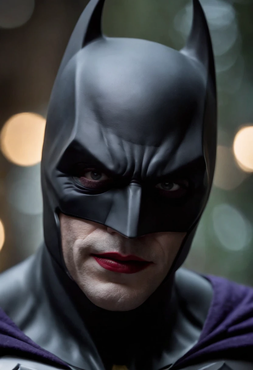 high details, best quality, 16k, [ultra detailed], masterpiece, best quality, (extremely detailed), head shot of Batman but the face behind the mask belong to the Joker, masculine face, white face make up, purple lipstick, (black bat mask: 1.3), (black bat armor: 1.2) Ultra detailed, best quality,
