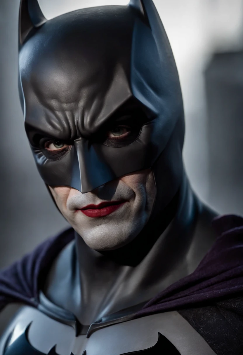 high details, best quality, 16k, [ultra detailed], masterpiece, best quality, (extremely detailed), head shot of Batman but the face behind the mask belong to the Joker, masculine face, white face make up, purple lipstick, (black bat mask: 1.3), (black bat armor: 1.2) Ultra detailed, best quality,