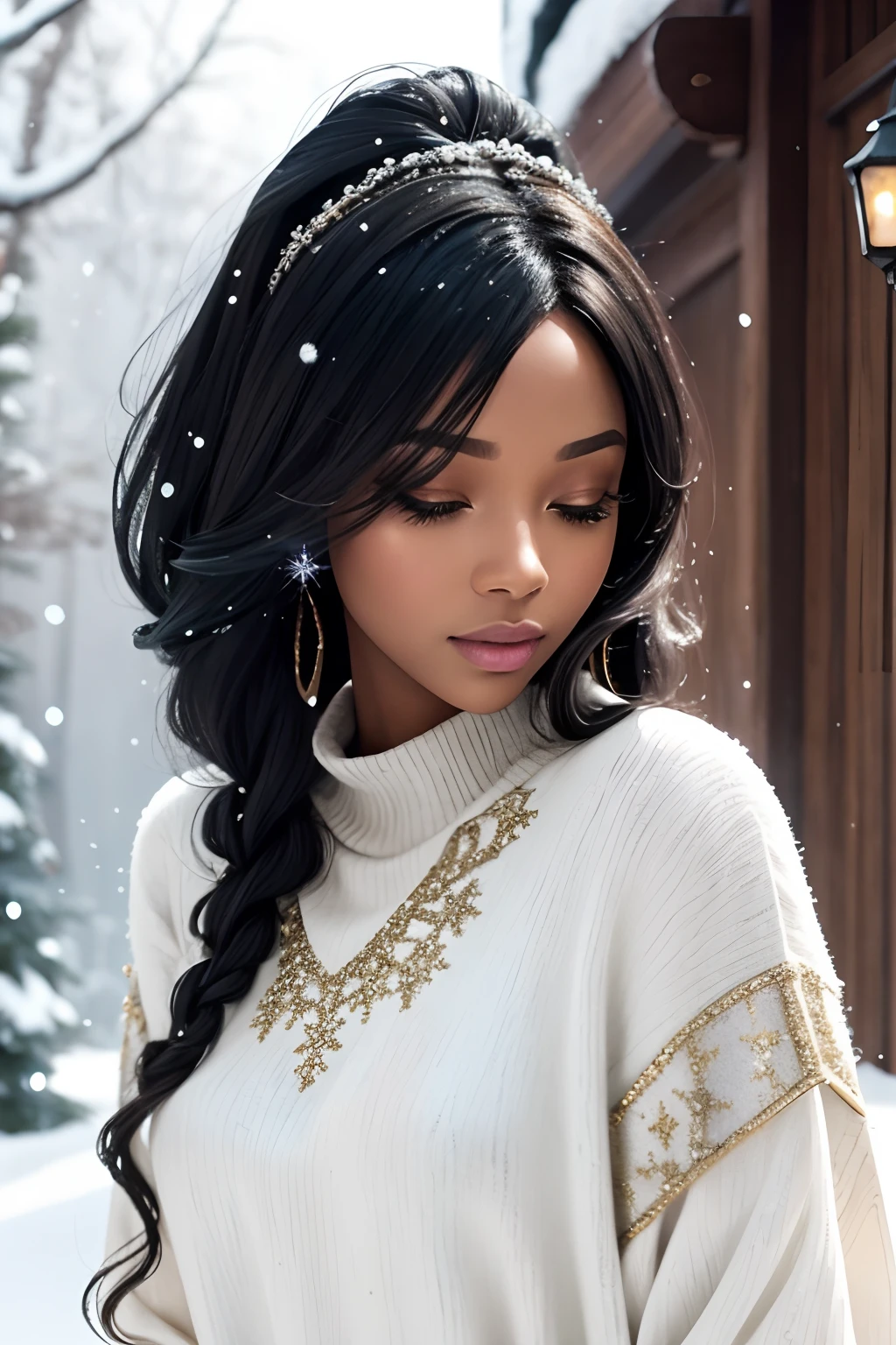 Watercolor and metallic touches, by ebony, beautiful and powerful, with iridescent ivory and black glitter sweater. Between snow and flakes