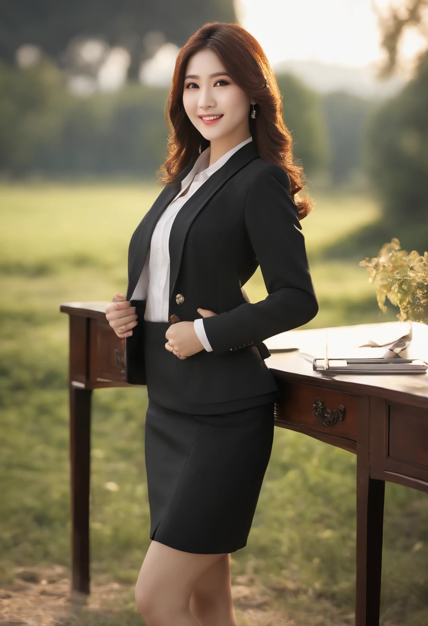 (masutepiece:1.3), (8K, Photorealistic, Raw photo, Best Quality: 1.4), Japanese, (1girl in), Beautiful face, (Realistic face), (Black hair), Beautiful hairstyle, Realistic eyes, Beautiful detailed eyes, (Realistic skin), Beautiful skin, Attractive, 超A high resolution, A hyper-realistic, Highly detailed, Golden ratio, (Full body:1.37), (One woman in detailed pencil skirt and suit jacket:1.4), (Office Lady), professionattire, high-heels, (Happy smile:1.3), (Long straight hair with a flowing shine:1.3), BREAK, (huge-breasted, Big ass:1.3), Scenery, (Beautiful sunrise background:1.2), from behind, backshots, Arched back, (arms behind back), Beautiful detailed eyes, Looking at Viewer, From below, (No makeup), (Cute), Photon mapping, (Professional Lighting), finely detail, nude