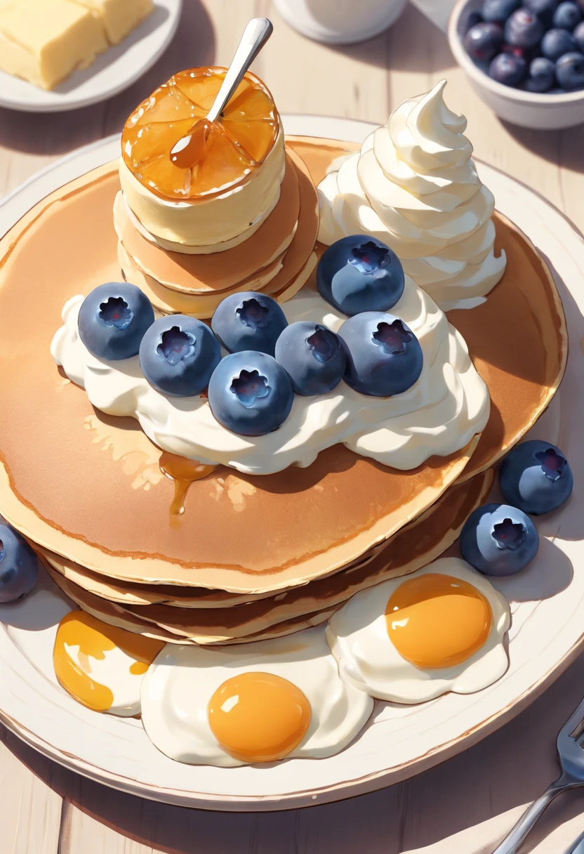 Protein pancakes with whipped cream cheese and blueberries，delicacies，Light and shadow changes，Flat illustration，3 sheets