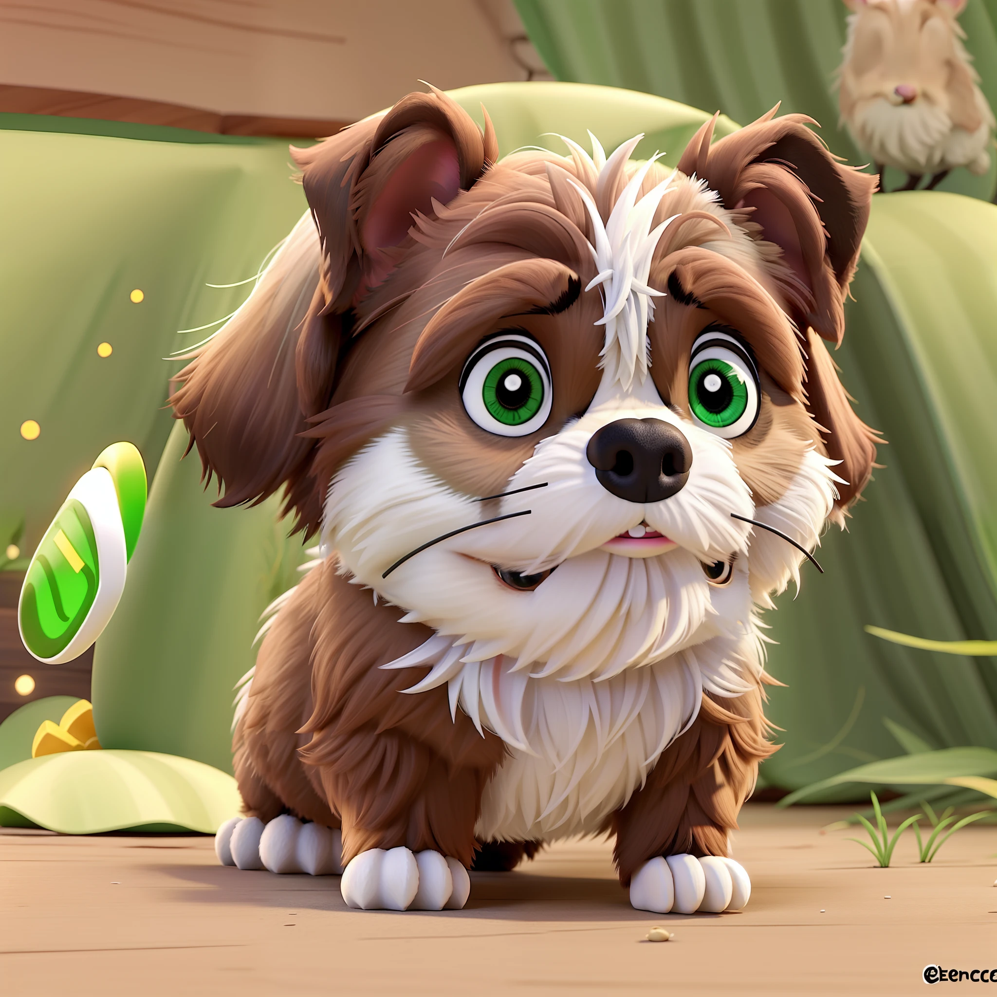Cachorro shih-tzu branco com orelhas pretas com branco e coleira verde neon com escrito Bento