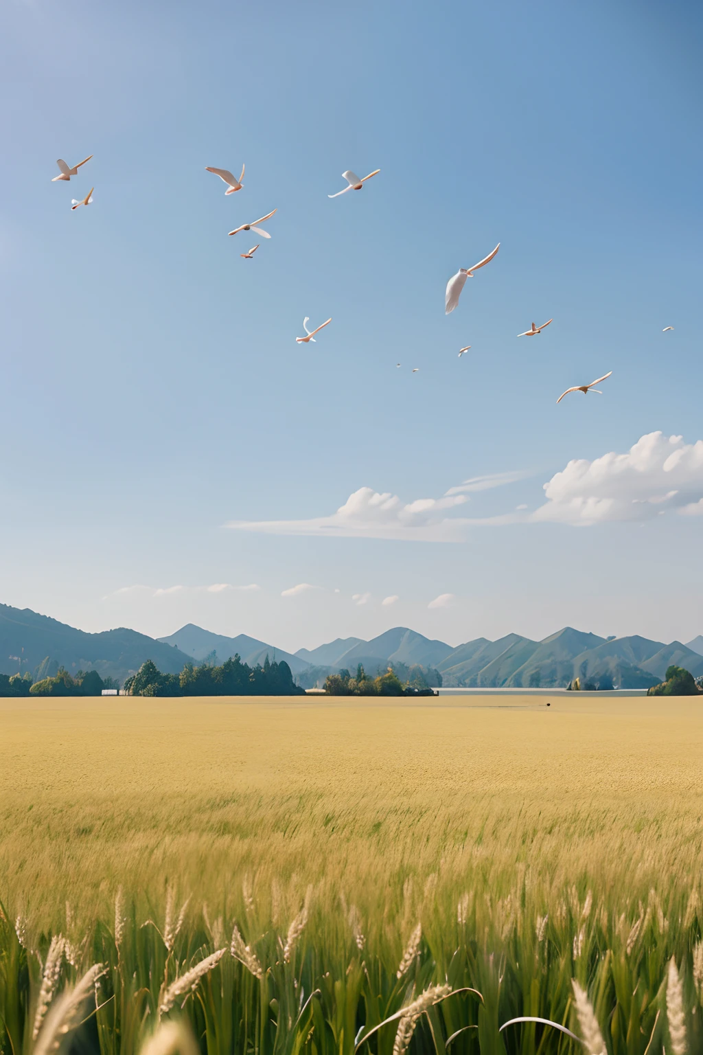 There are many birds flying in the sky, There is a lake、Wheat,4k高清
