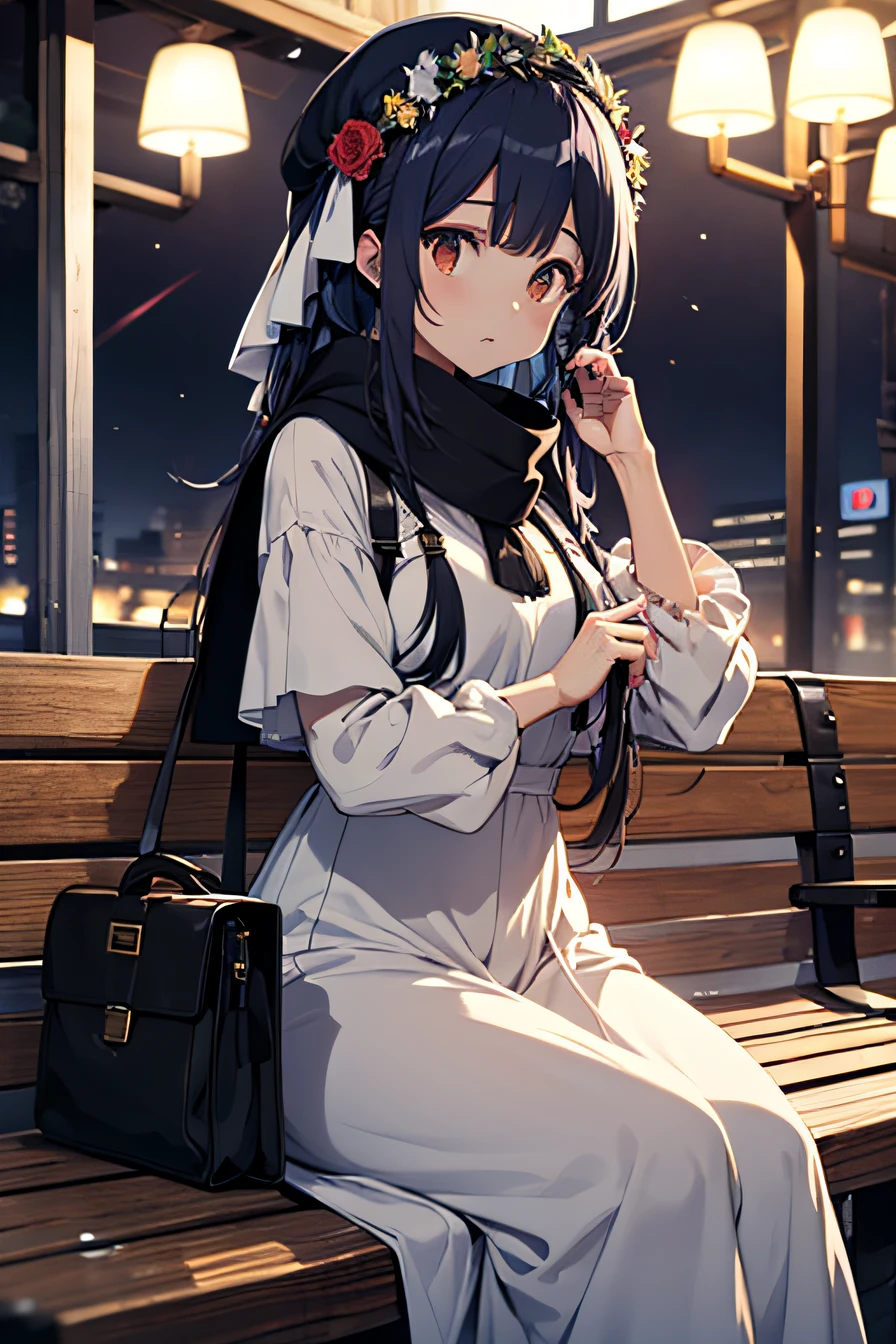 Outside, a woman sits on a wooden bench in the rest area of the old station, Wear hair accessories, Fluffy white clothing, black long dress, blacksilk, Wearing a mesh scarf, Place the black suitcase beside you。, black hair, absurdly long hair, colored inner hair, beret, head wreath, nervous, expressionless, Wide-Angle, first-person view, letterboxed, ray tracing, anime, anime style, UHD,the night,nevando