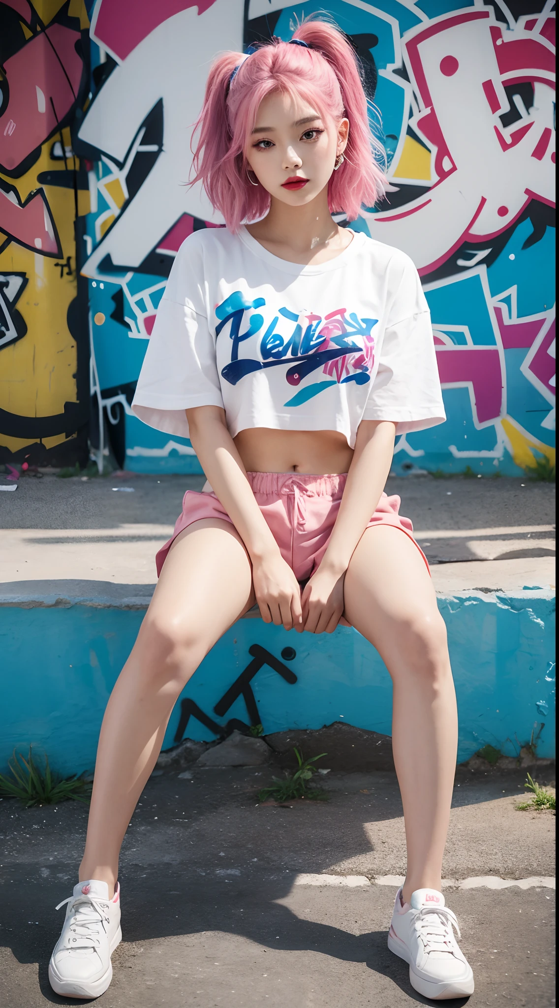 best quality, Clarity, 4k, 8k, detail, actual, Beautiful Girl, Korean makeup, Red lips, pink and blue hair, Perfect body, thigh, sit flat, sitting posture, hands behind the head, Pose dynamically for photos, medium chest, Graffiti crop top, Pink and Blue Shorts, graffiti on the body and skin, Solid graffiti wall background, Graffiti art,