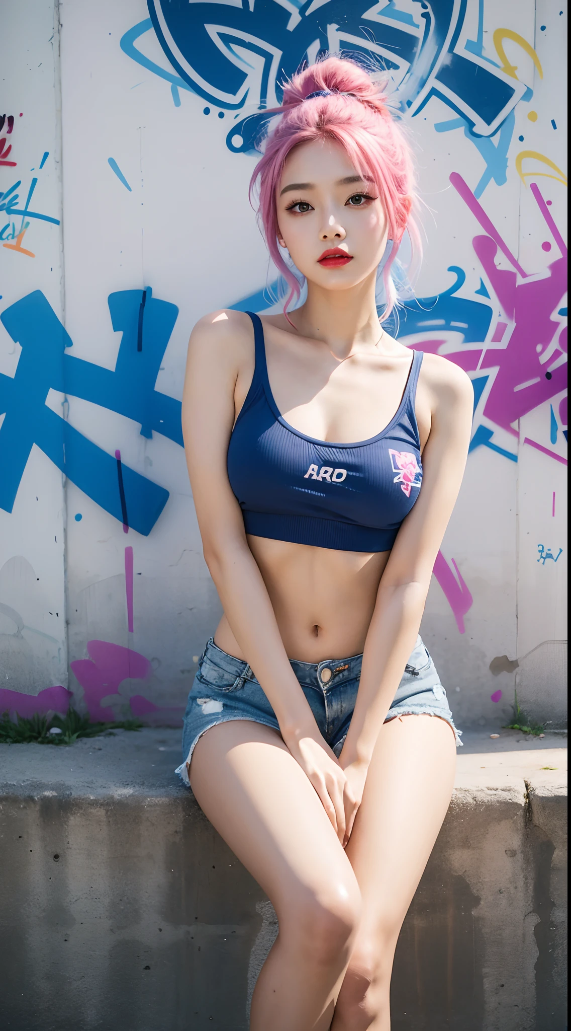 Top quality, Photorealistic, 8K, high resolution, 1 girl, Female, (Medium breasts: 1.8), Outdoor, ((Small shorts, Take off your pants，Pubic hair shows through))), (((No bra, No panties)), Full body photo, (lifts the t-shirt to the chest with both hands)), Long blue hair,