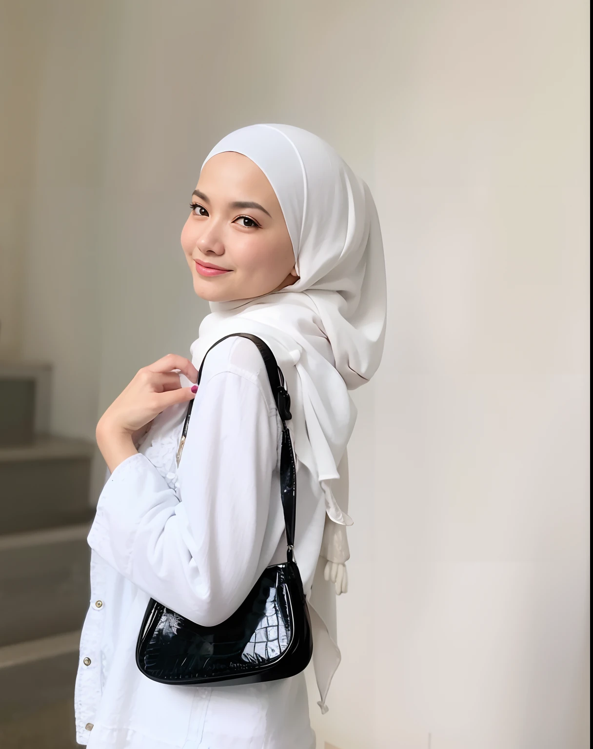 arafed woman in a white hijab and a black purse, white hijab, hijab, wearing white silk hood, inspired by Nazmi Ziya Guran, head scarf, inspired by Naza, white scarf, 🤬 🤮 💕 🎀, inspired by Ni Yuanlu, inspired by Basuki Abdullah, inspired by Shaddy Safadi, shawl