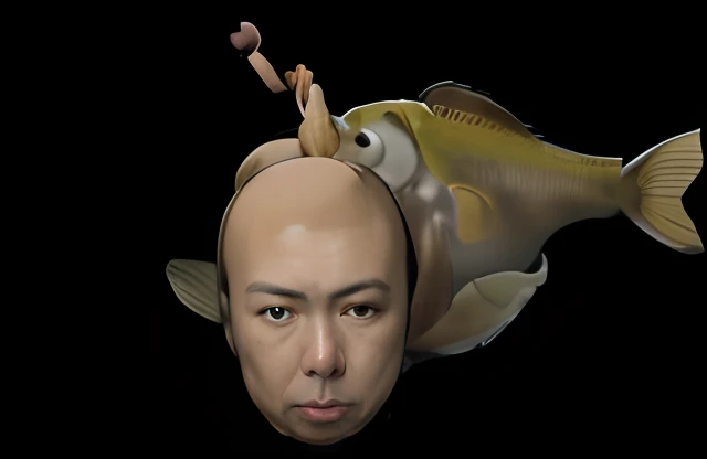 Close-up portrait of a person with a fish on his head, Chicken face morphing fish head, fish man, Fish face, Fish flying overhead, yoh yoshinori, Kohei Horikoshi, tomohiro shimoguchi, Takeyuki Kanda, Fish man々, hiroyuki kato, hiroya oku, minoru nomata