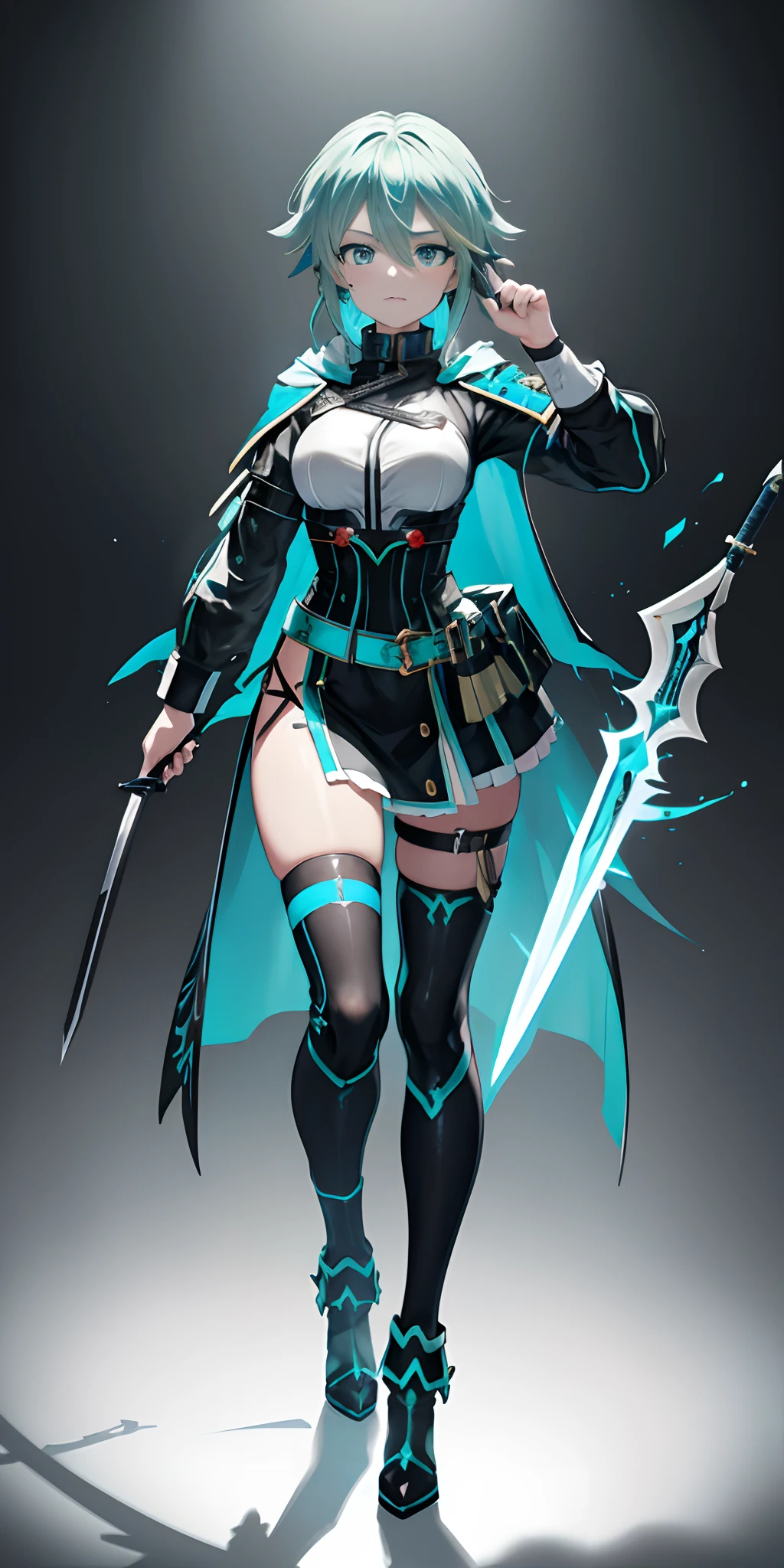 (beste-Qualit, tmasterpiece), 1girl, Sinon Asada from Masters of the Sword Onlinein the style of a Mortal Kombat character Full Body with Blue Hair 4k