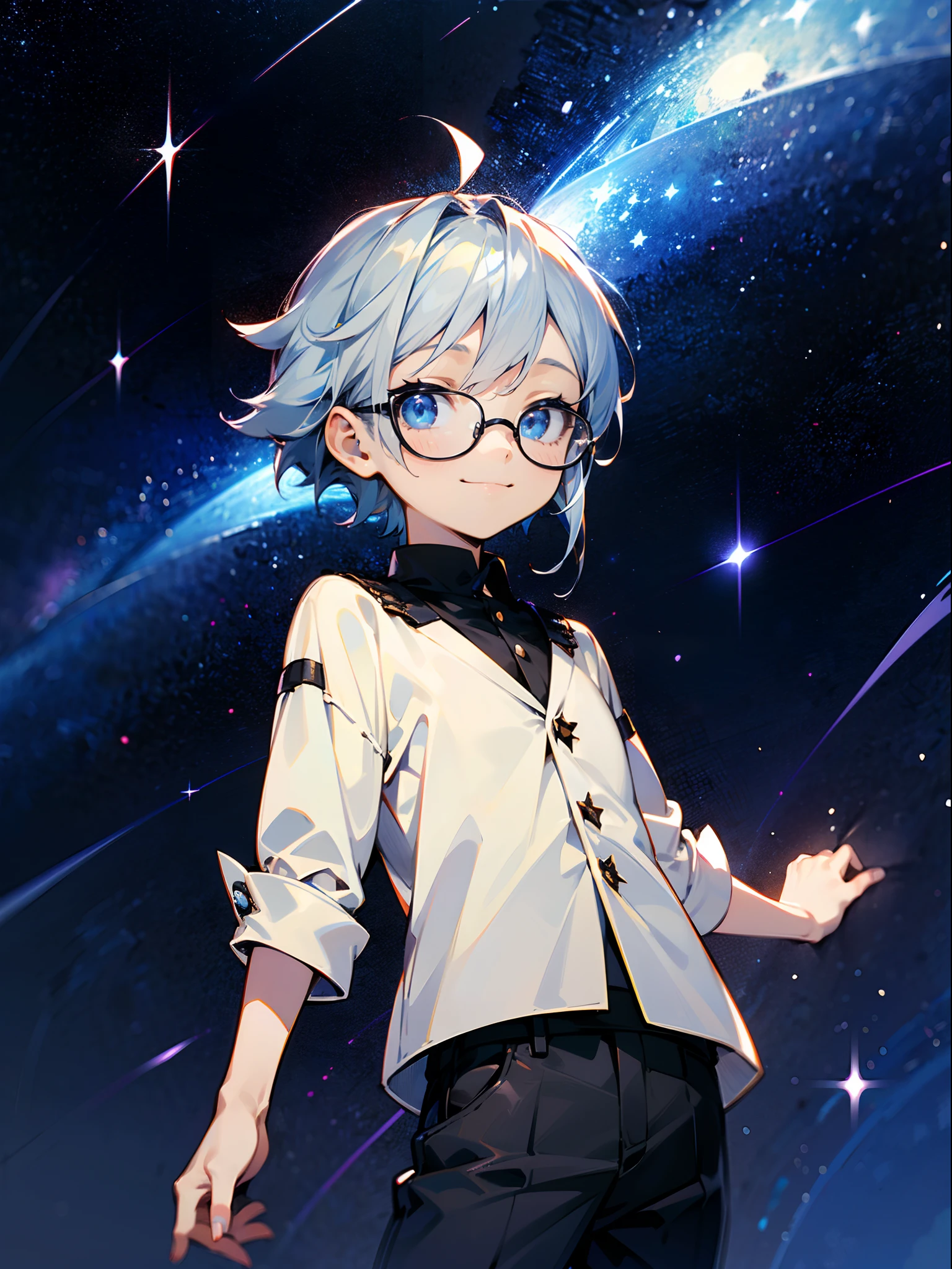 (Male 、Black glasses、blue eyess、 silber hair、A smile、a cool)，独奏，cowboy  shot，starryskybackground, tranquility of the endless stars