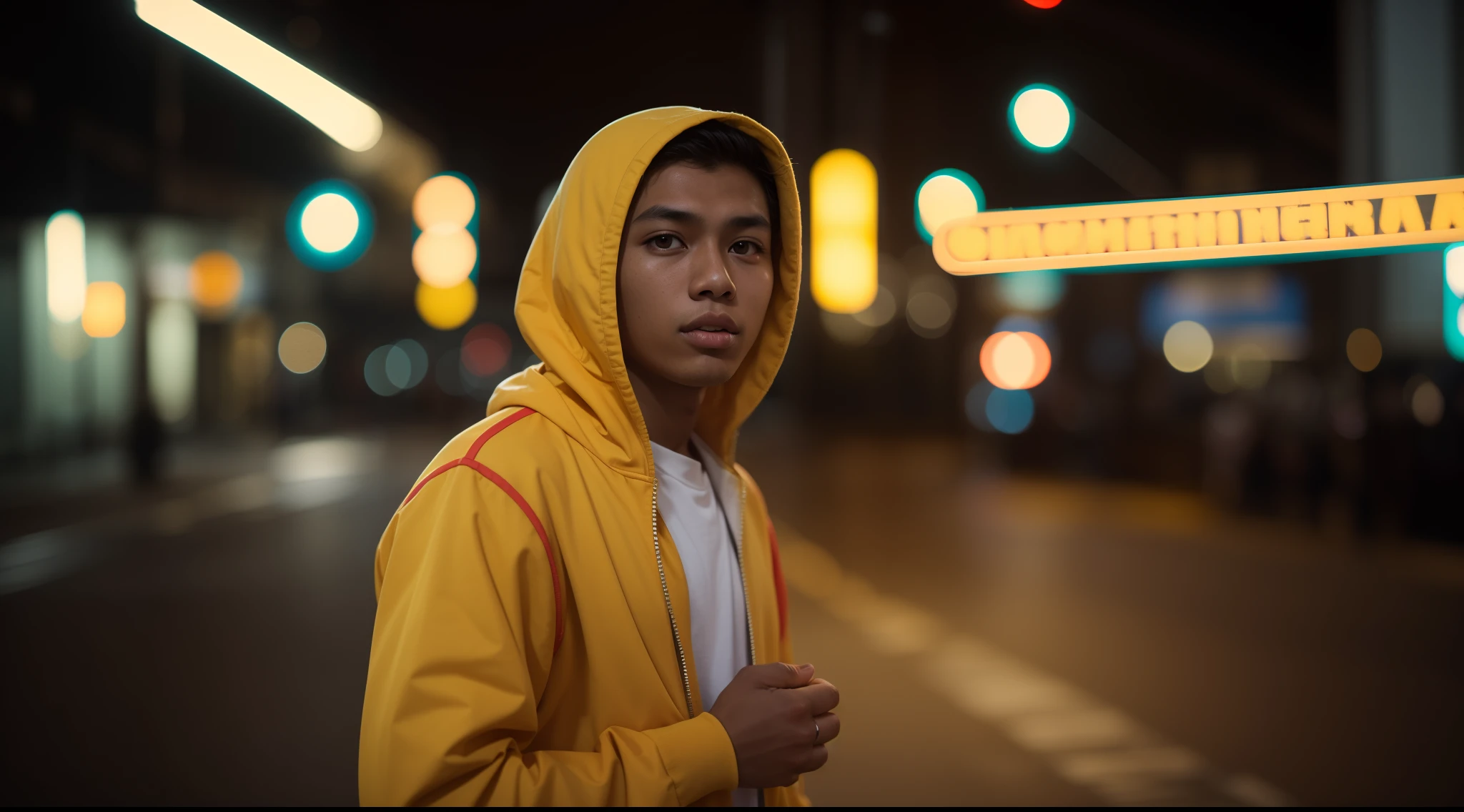 a beautiful malay age boy in yellow tracksuit standing in a dark empty city street, nighttime, Super 8mm lense, Extreme close-up, Deep Focus cinematography effect, Natural Lighting, cool-toned color grading, high quality, ultra detail, 8k resolution,