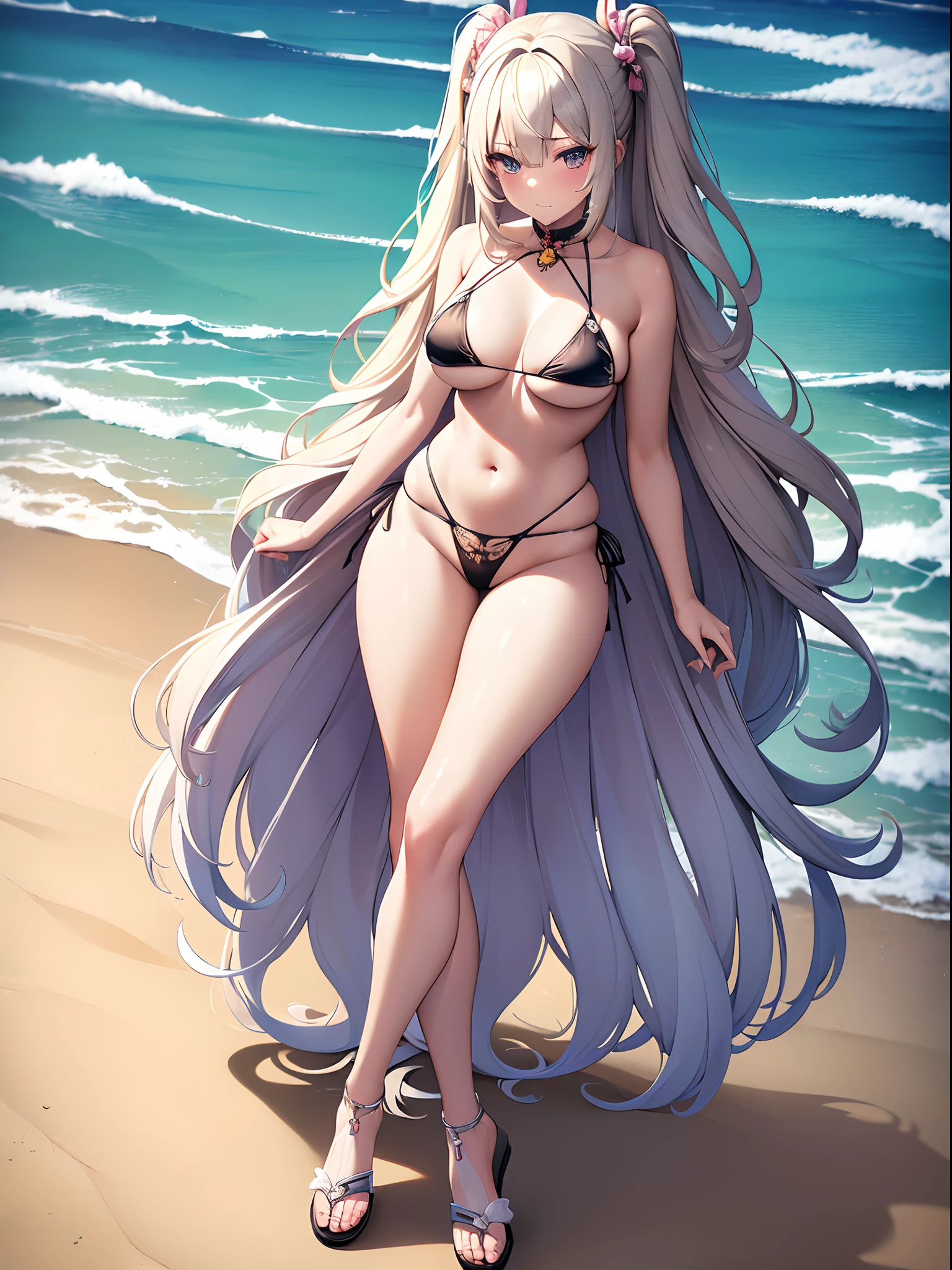 ((Best Quality)), (ultra-detailliert), ((Extremely detailed)), (Beautiful), ((Kawaii Girl)),(two side up hair)、((masutepiece)),Platinum Blonde Hair,Long hair, hair between eye, Wavy Hair, Long sideburns,Jade colored eyes, White skin,Normal Chest,Slender body,side tie bikini bottom、Sandals,in beach,One Woman,Anime