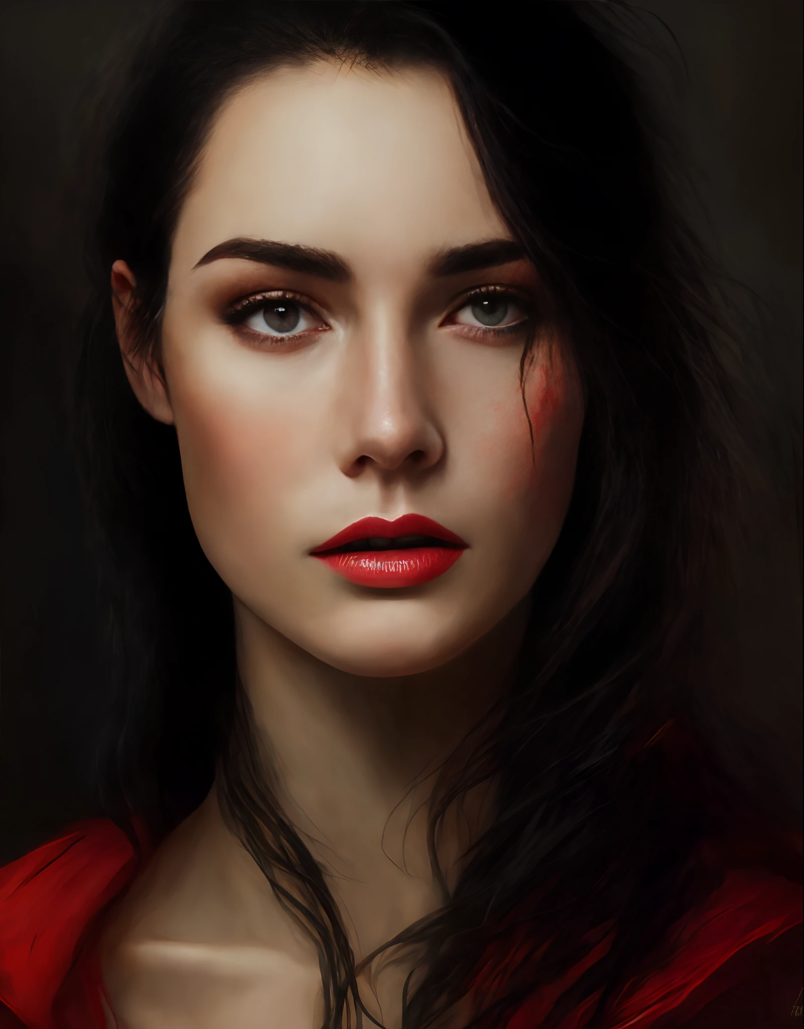 Woman with black hair, pale skin, red eyes, with a scar that comes from half of her forehead and crosses her left eye ending on her cheek, thin lips with a piercing on the side