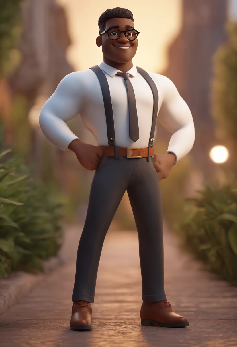 Cartoon character of a black man with black glasses and a white shirt, animation character, Caractere estilizado, animation style rendering, 3D estilizado, Arnold Maya render, 3 d render stylized, toon render keyshot, Personagem 3D, Personagem 3D, 3d rendering stylized, 3 d character render, personagem de desenho animado, Personagem de close up, Pose de personagem, (Estilo Pixar) (master part:1.2) (Bokeh) (best quality) (pele detalhada) (textura detalhada) (8k) (argila) (Cinematic lighting) (foco nítido