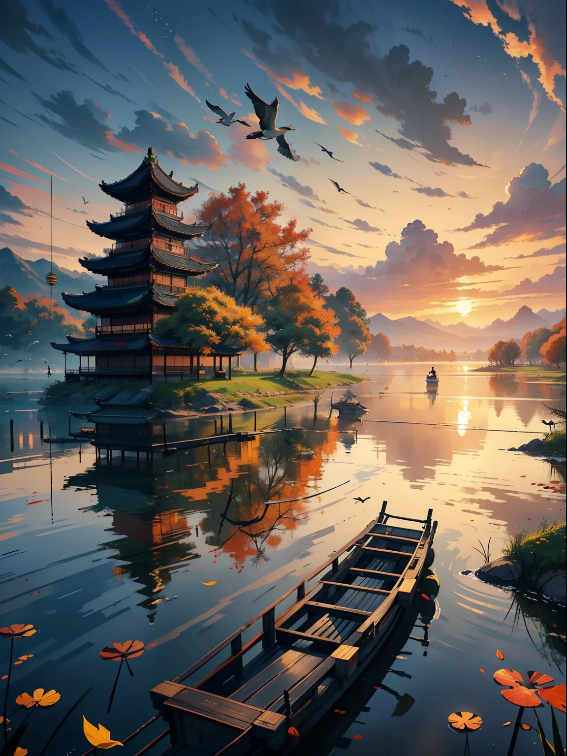 Embroidery,Leaning over,Yamabara has a clear view,Kawasawa was shocked。Lu Yan flew to the ground,Bells Food House;Hippurtiazu,The hometown of the green sparrow yellow dragon armor。The clouds are raining,Cai Che District Ming。The sunset and the solitary crane fly together,The autumn water is the same for a long time。Fishing boats sing late,Blew the shore of poor Penley;The wild geese were frozen,The sound cut off the shop in Hengyang。(Sunset landscape painting),((The vista is a huge sunset over the skyline)),(Connected to the lake),((Flying birds)),((Several ships)),Autumn tones,(an Chinese ink painting style),(Masterpiece),(Extremely detailed picture description),(8k wallpaper),(Master painting),(Noticeable light and shadow effects),(Ray traching),(Obvious layers),(depth of fields),(best qualityer),Ray