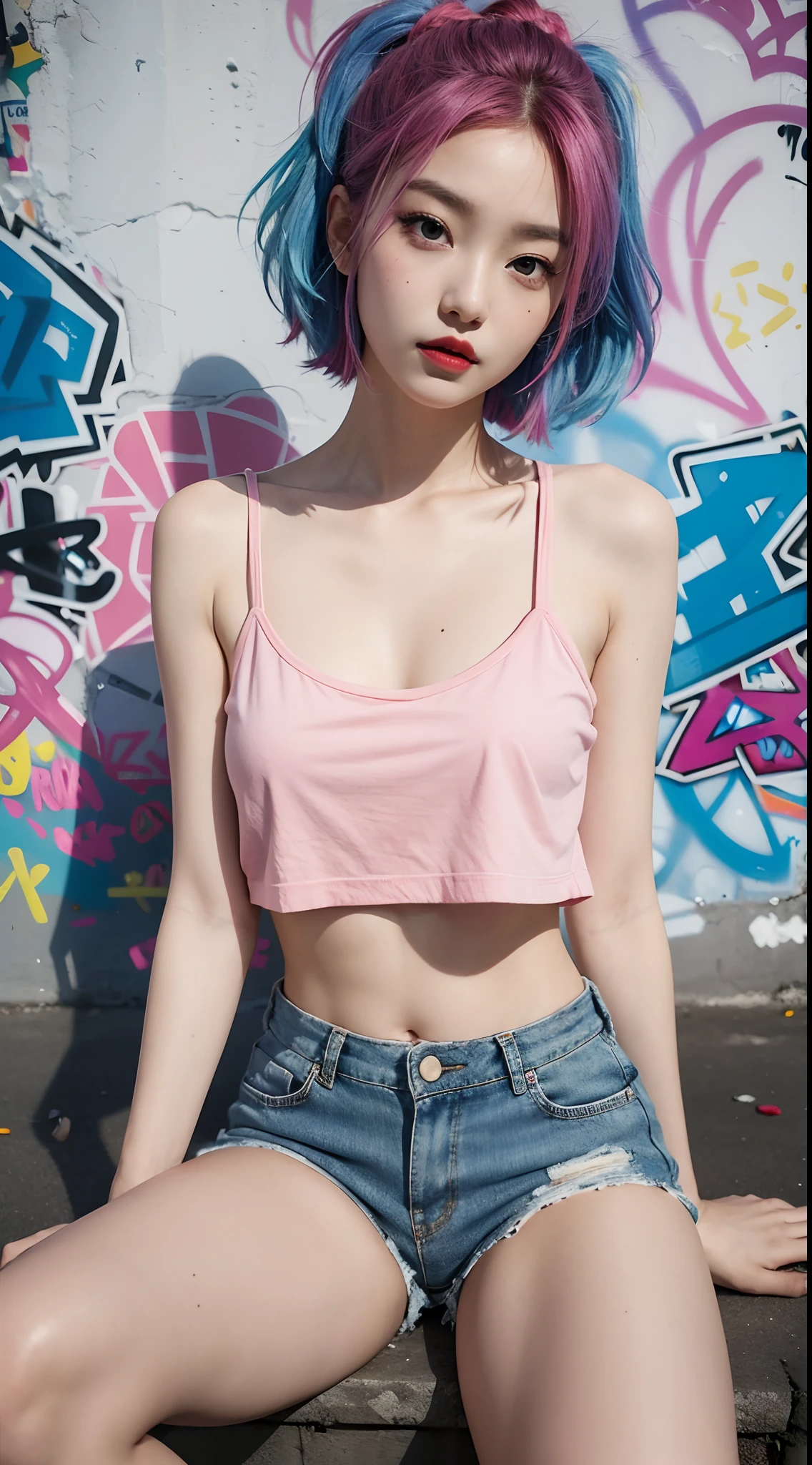 (masterpiece), best quality, expressive eyes, perfect face, cute face, smile face, 1 girl, teen age, short clothes, short shorts,  small body, pink hair, short hair, red eyes, composition, first person view