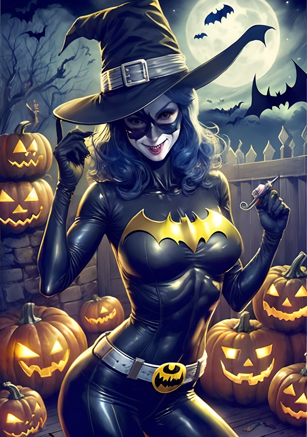 Halloween do Batman estilo DC Comics by Jim lee, Batman at Halloween party, With a Catwoman, witches and pumpkins