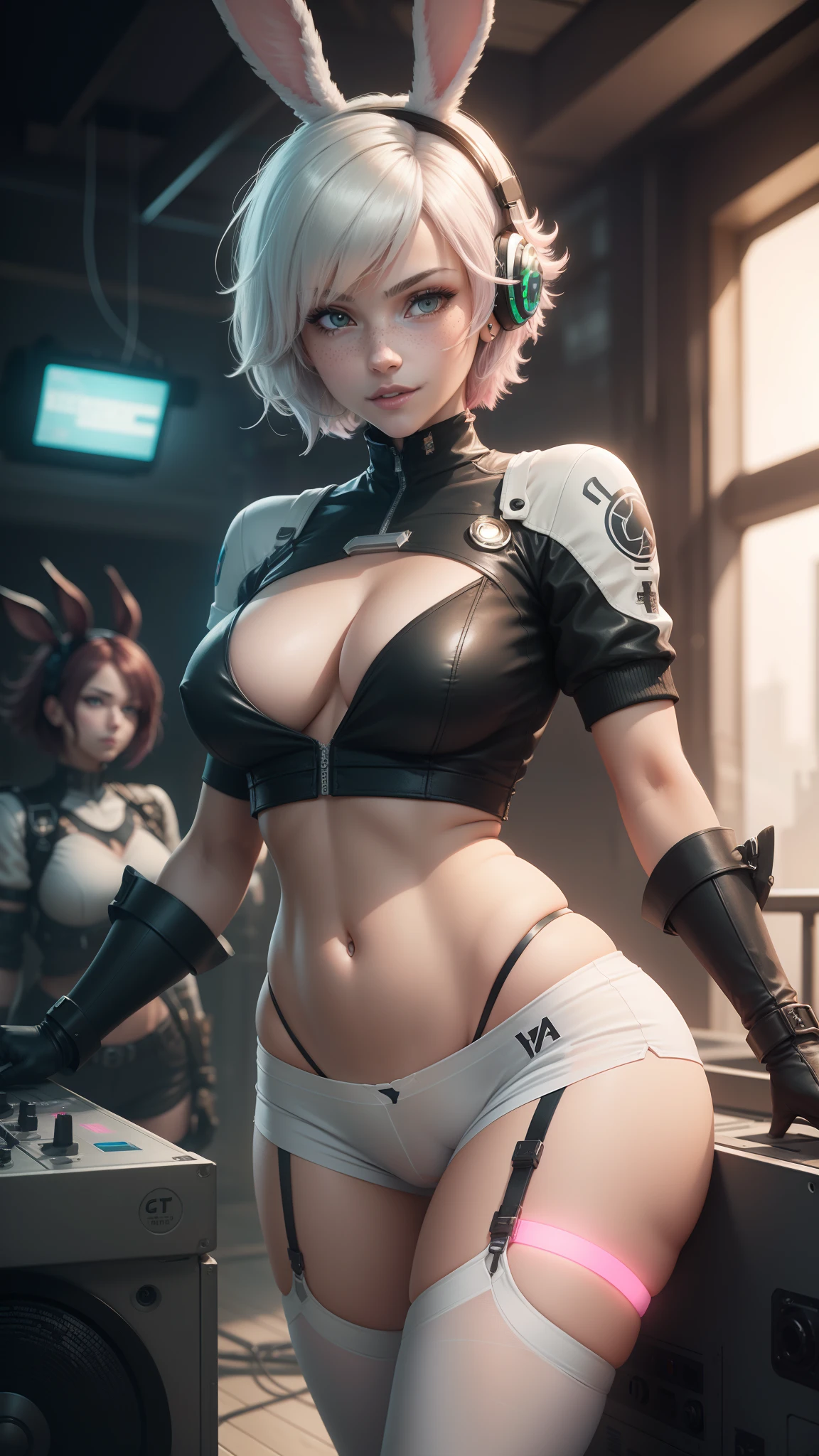 gwen tennyson,tracer,y'shtola rhul, yorha 2b,rebecca chambers,nier automata,overwatch,close up,mecha pilot,night club,tattoos,pink and silver plugsuit,white short sleeve top,white lycra micro shorts,garter belt,uncovered belly,short hair,cute makeup,green eyes,dimensional golden hair,sexy smile,freckles,beautiful girl,large breasts,8k,ultra detailed,realistic,fantasy art,glowing pink cyborg armor,dj mixer, dj headphones,big speakers,bunny suit, bunny tail,ear piercings,saiyan girl,saiyan female,white short sleeve techno jacket,