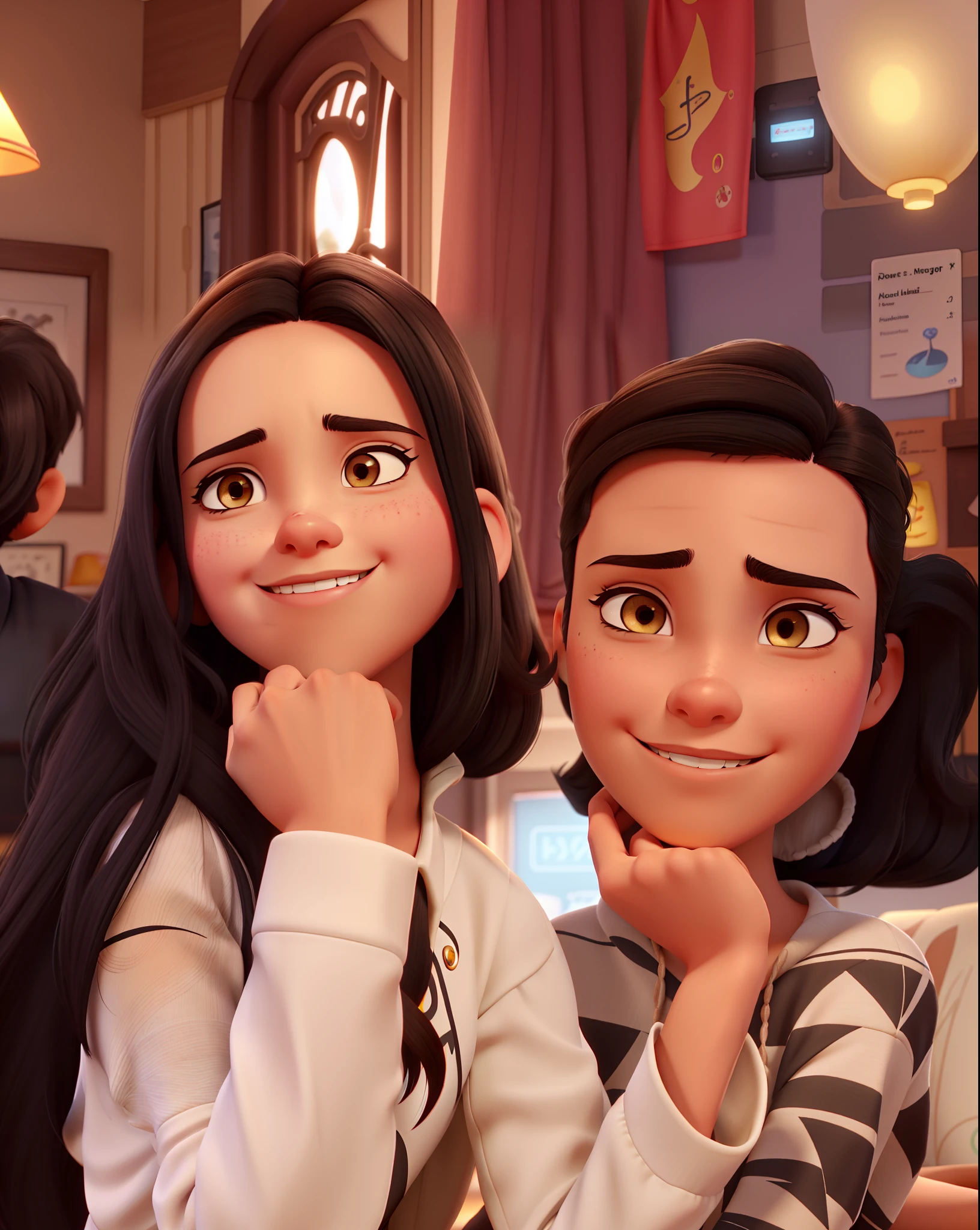 Brunette woman with long black hair and dark brown mixed-race eyes with her 9-year-old son with dark brown slanted eyes and short black hair Disney pixar style in high quality