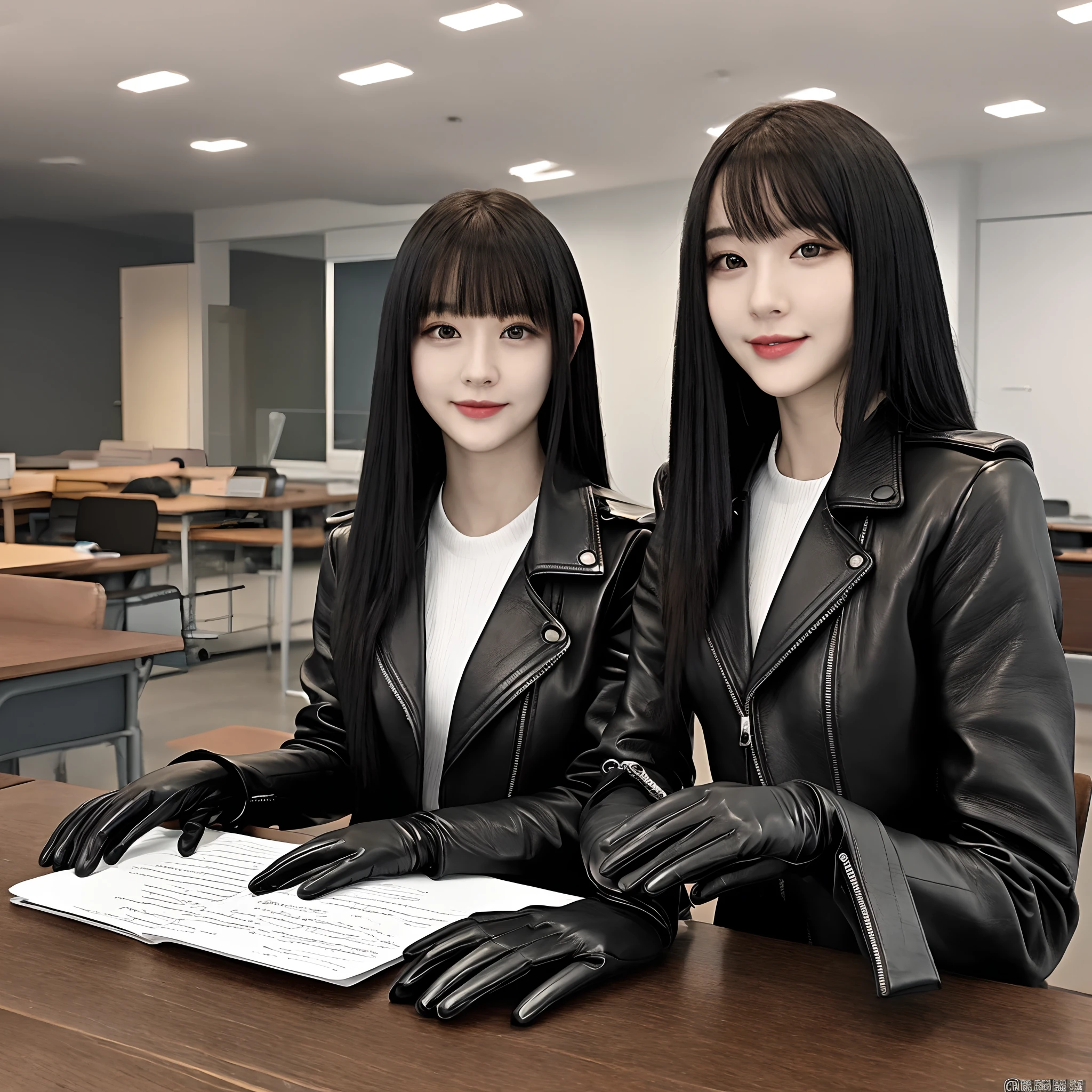 Black leather gloves on both hands, Upper body, Black leather riders jacket, Writing a letter with a fountain pen on the desk, Black hair, Long Straight, Young japanese lady、8K、a picture