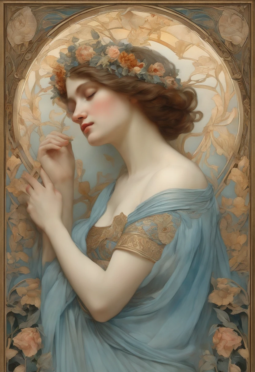 A highly defined super detailed watercolor painting,A woman crying, flowers, female figure, detailed cover art, Like a goddess of music, playing the lute, In the style of Alphonse Maria Mucha and Gustave Kilmut, Art Nouveau Accents, Alphonse Mucha, Gustavo Klimt, pale blue skin, a marble sculpture, CGSesociedade, gothic art, Arte Nova, Winner of the Behance contest