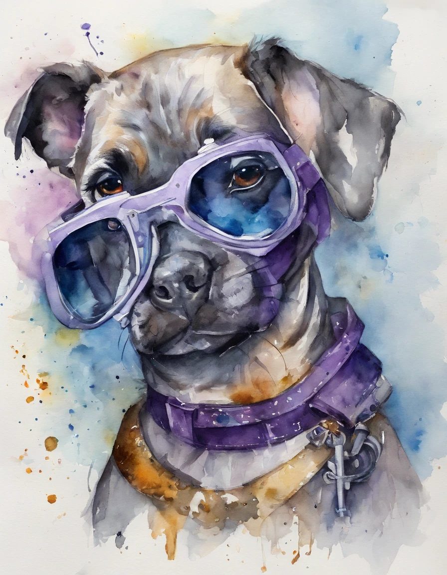 Anthropomorphic puppy，cloaks，Wear transparent glasses，intercom headset，Robotic arm，Technologie，black in color，blue colors，purpleish color，