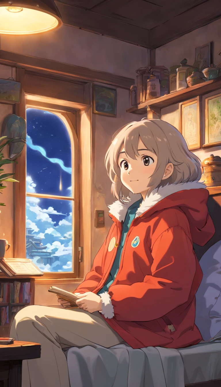 heal,Reject EMO,Very happy,Very happy,Face life with a smile,rays of sunshine,long whitr hair,down jacket,Cloud commissary,Cloud pillows,It was snowing outside the window,Round windows
