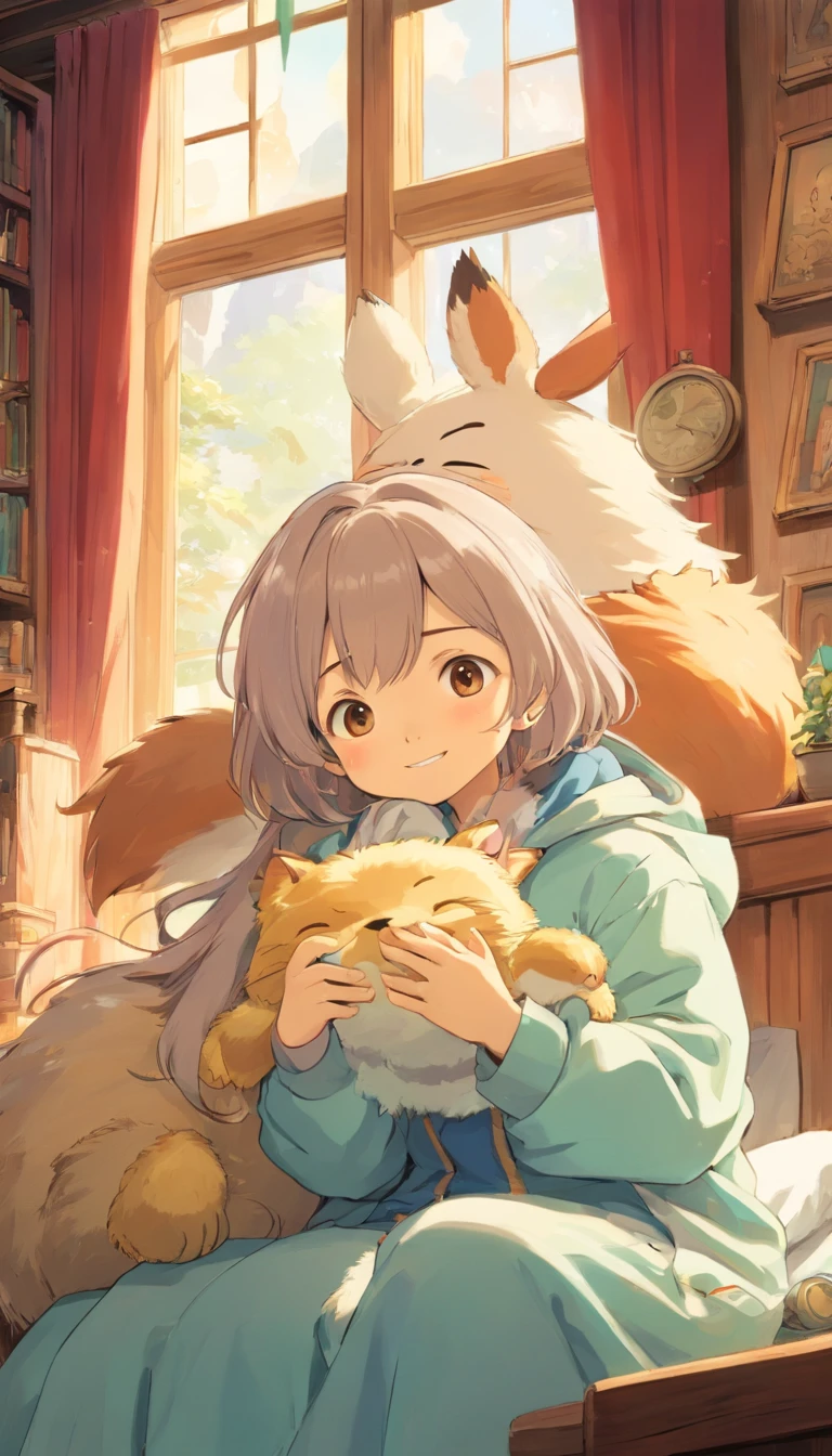 heal，Reject EMO，Very happy，Very happy，Face life with a smile，rays of sunshine，long whitr hair，down jacket，Cloud commissary，Cloud pillows，It was snowing outside the window，Round windows