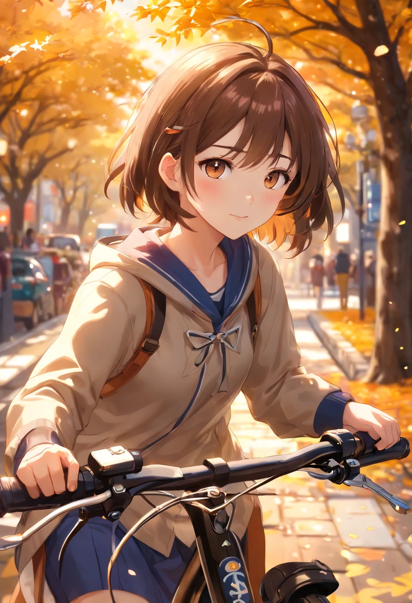 1girl, bike,Magic,montanha,brown hair,golden tree,tiro da cintura para cima,Estudar,cara de surpresa,sorriso bonito,imagem saturada,(best quality,4k,8k,Altas,master part:1.2),ultra-detalhado,(Realistic,fotorrealista,photo-realistic:1.37),HDR,UHD,studio lighting,olhos e rosto extremamente detalhados,foco nítido,long eyelashes,vivid colors,Retratos,((forte efeito de desfoque bokeh)),Warm-toned lighting