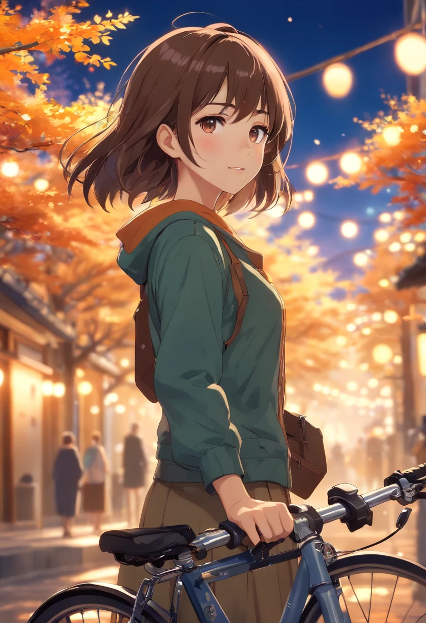 1girl, bike,Magic,montanha,brown hair,golden tree,tiro da cintura para cima,Estudar,cara de surpresa,sorriso bonito,imagem saturada,(best quality,4k,8k,Altas,master part:1.2),ultra-detalhado,(Realistic,fotorrealista,photo-realistic:1.37),HDR,UHD,studio lighting,olhos e rosto extremamente detalhados,foco nítido,long eyelashes,vivid colors,Retratos,((forte efeito de desfoque bokeh)),Warm-toned lighting