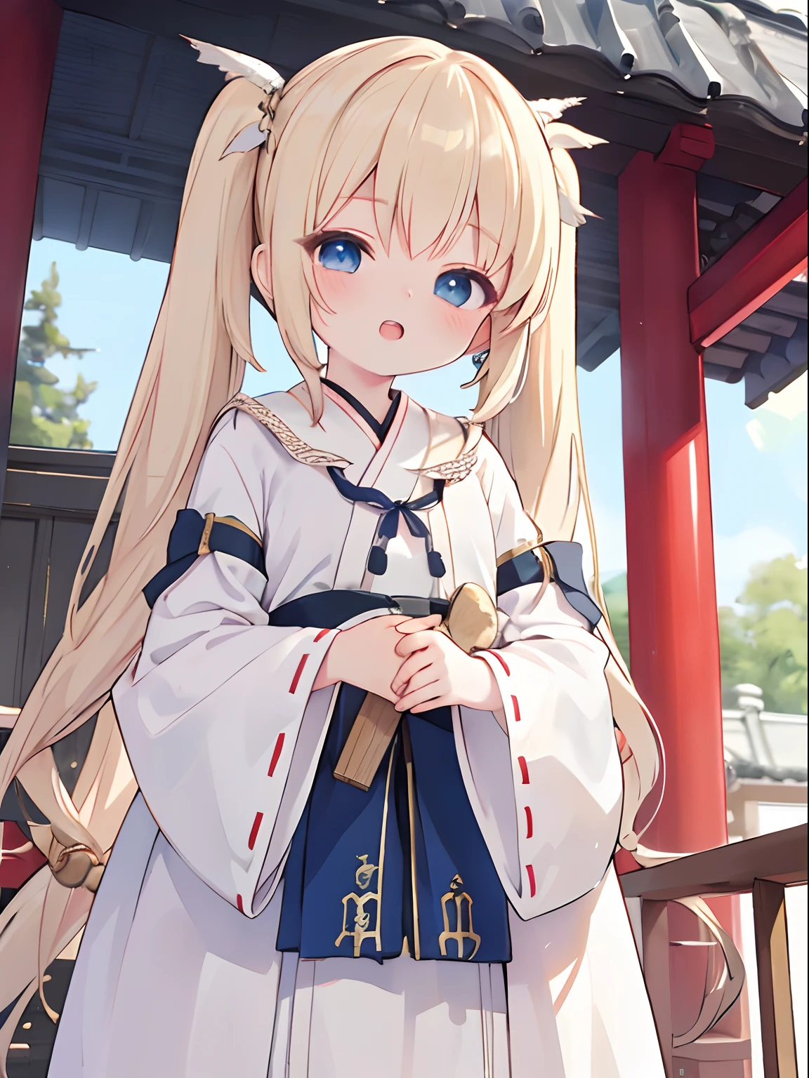 ((4K, master piece, Best Quality)), Cute little girl s,pale blond hair, Blue eyes,very long twintails,Laugh,double tooth,Closed eyes,Looking at Viewer,Lens Flare, shrine maiden, shrine