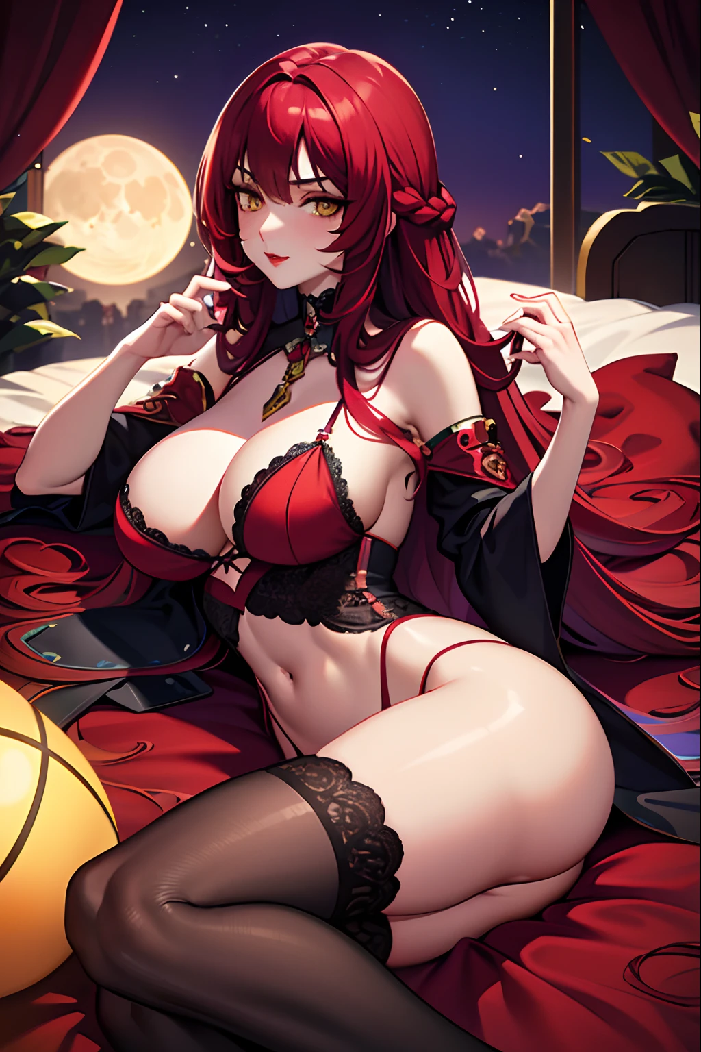 masterpiece, best quality, 1girl, long hair, big bust, very long red hair, underwear, purple lingerie, bed, lying down, night, moon light, sexy, sensual, yellow eyes, serious, emotionless, adult woman, braids, seductress, red lips, good anatomy,