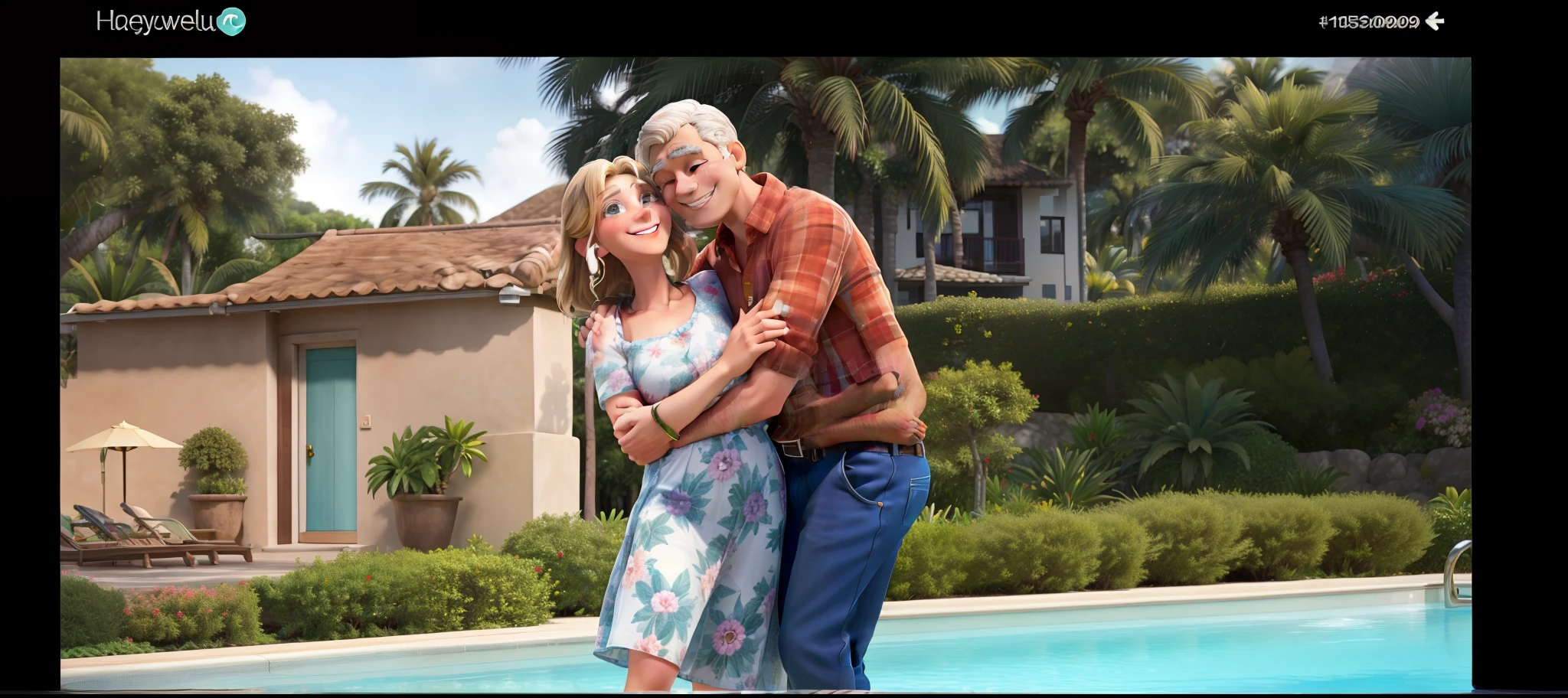 (best quality:1.2),happy couple,smiling,young man with some greying hair,beautiful blonde woman,detail of their hands intertwined,embracing,relaxed,peaceful,swimming pool with clear blue water,sparkling,beautifully tiled poolside,green palm trees in the background,lush tropical plants and flowers,clear blue sky overhead,soft natural light,subtle reflections on the water,joyful atmosphere,vivid colors,serene ambiance.