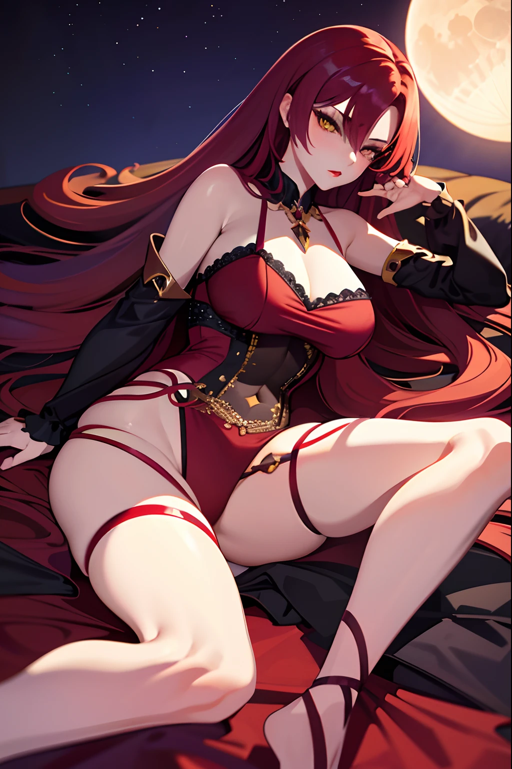 masterpiece, best quality, 1girl, long hair, big bust, very long red hair, underwear, purple lingerie, bed, lying down, night, moon light, sexy, sensual, yellow eyes, serious, emotionless, adult woman, braids, seductress, red lips, good anatomy,