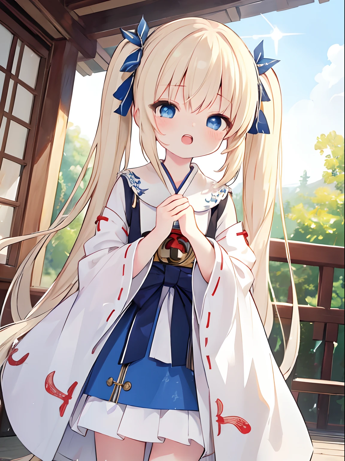 ((4K, master piece, Best Quality)), Cute little girl s,pale blond hair, Blue eyes,very long twintails,Laugh,double tooth,Closed eyes,Looking at Viewer,Lens Flare, shrine maiden, shrine