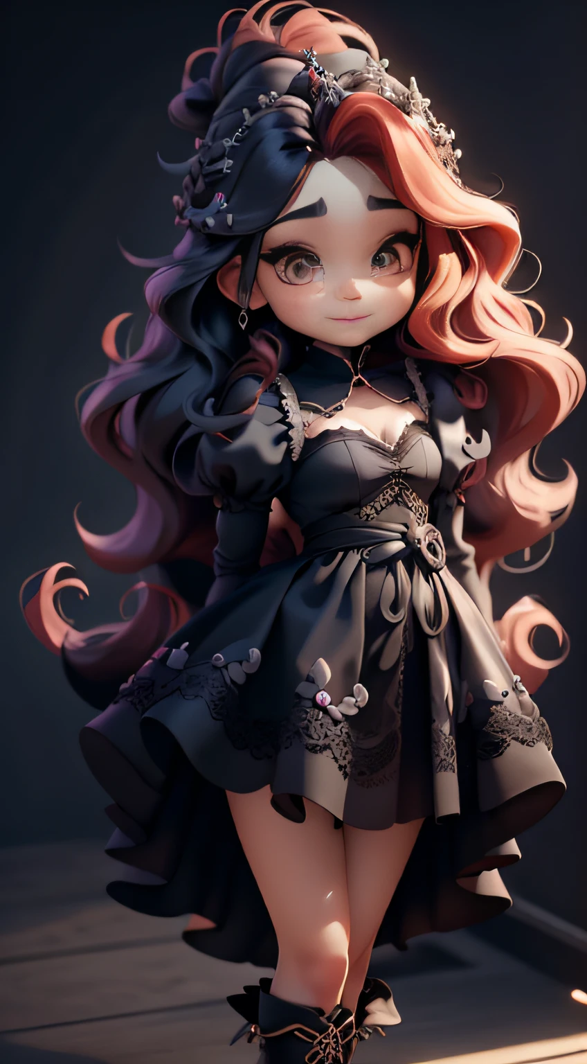 ((( chibi Merida bruxa Valente da Disney))) Deve ficar charmoso e bonito, Keep the iconic elements of the original character. Chibi should have a round face with large dimensions, olhos claros, long eyelashes and rosy cheeks. Seu cabelo deve ser longo e preto slime . Vestido elegante: Vestir chibi em um vestido luxuoso e elegante em tons de preto . O vestido pode ter babados, renda & detalhes feitos de doces, A reference to the theme of TIM BURTON . Add loops or ribbons, Para dar um toque de delicadeza. avental & Arco : Adicione um avental caramelo sobre o vestido de Chibi, It is tied at the waist with a thin bow. O avental pode ter pequenos detalhes, como bolsos ou bordados finos. Meias e sapatos de boneca luxuosa : Complete o look chibi com meias listradas rosa e brancas ou detalhes divertidos. standingn, Coloque botas bonitos, com gravatas ou fivelas. Magic Accessories: Add charming accessories to the chibi . You should also get your hands on a cute oversized lollipop . Certifique-se de adicionar sombras, texturas e detalhes nos cabelos, pirulito Chibi , pirulitos Ternos & Accessories, to make it even more charming and charming. Give him a smiling expression and a smile on his face, Capturing the essence of the character in a subtle way, delicate hands, Hallowen TIM Burton UHD