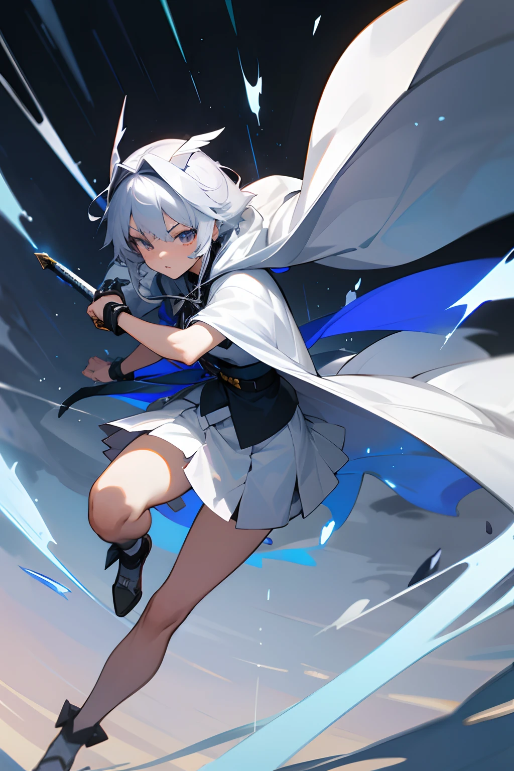 Anime-style vertical full-body illustration of Yustia, the 'White Reaper', in a dynamic action pose, gripping her sword with both hands as if she's about to strike. Her white cloak and miniskirt flutter due to her movement. A small skull (Sharekoube) decoration is subtly integrated into her attire. The -yeld's thful energy is palpable against a backdrop of a stormy twilight sky.