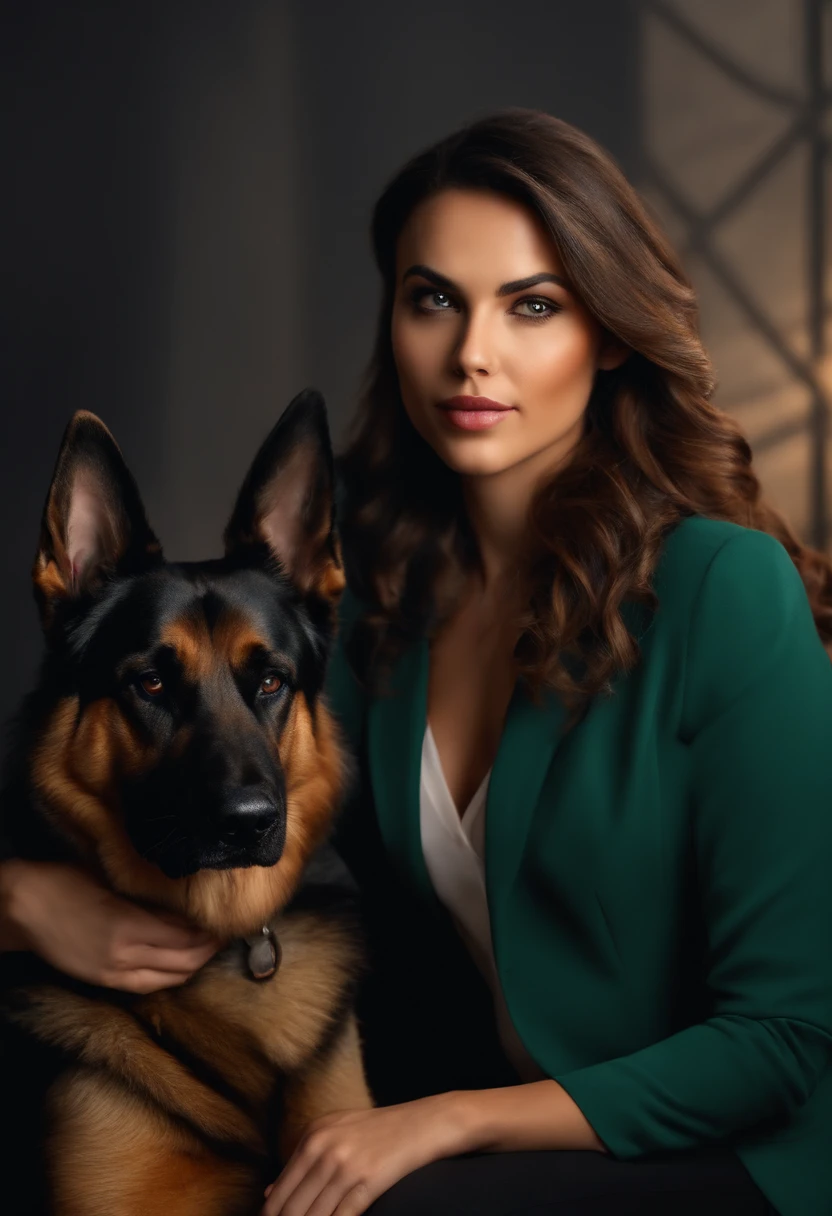 Photorealistic of a young brunette businesswoman, 29 anos, with a German Shepherd and Rottweiler by your side