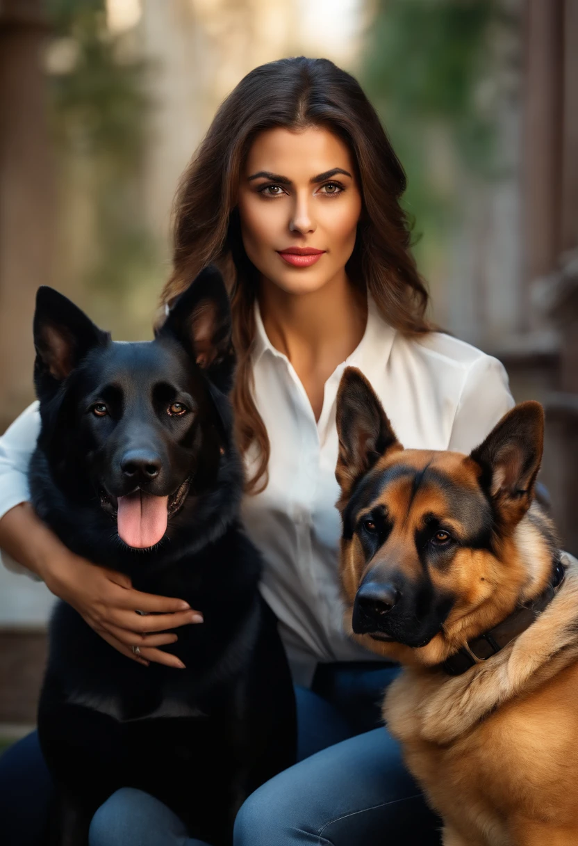 Photorealistic of a young brunette businesswoman, 29 anos, with a German Shepherd and Rottweiler by your side