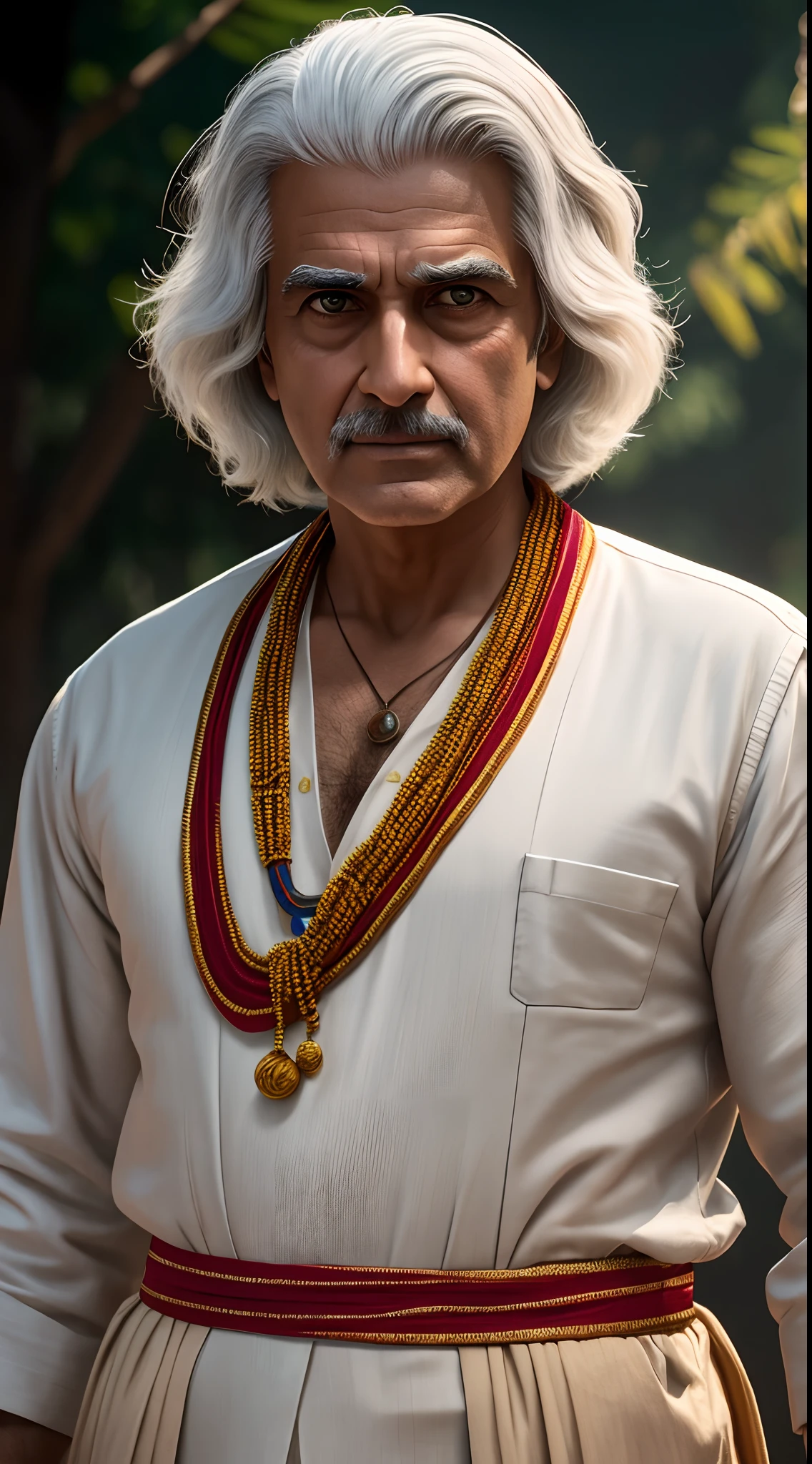stranger things character Dr. Brenner,in Indian traditional dress, realistic looking image, hyperrealistic, 8k image, bright sunlight on face, white hair, 45+ years