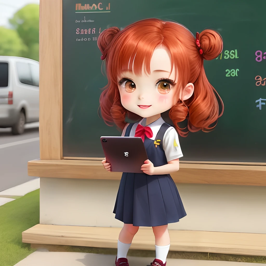 Manga chibi girls, Dress in school clothes, Holding an iPad, long discharge redhead