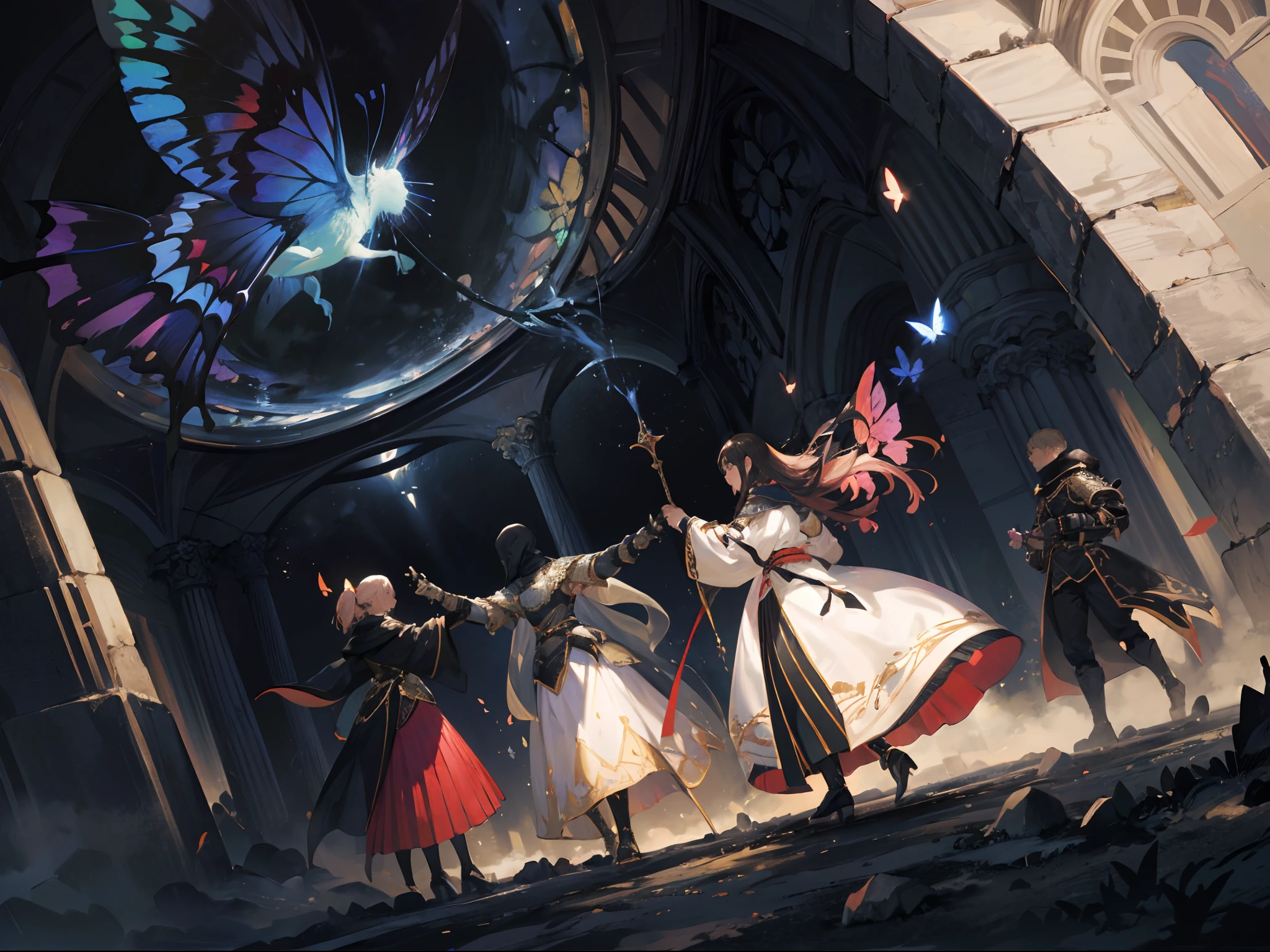 masterpiece, (dark:1.4), butterfly, rpg parties, rpg style, multiple people, knight, princess, wizard, healer, wide shot, robe