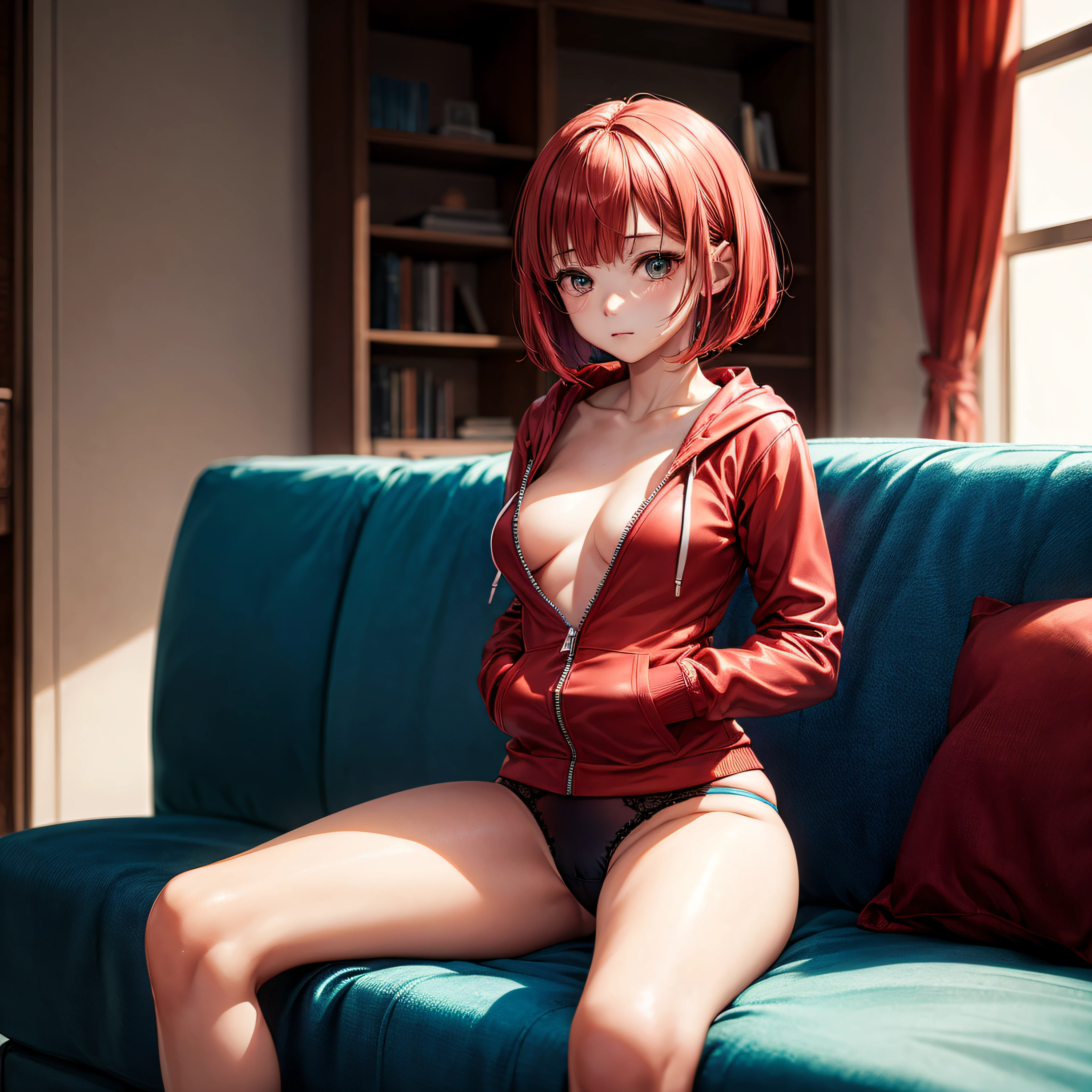 realisitic、top-quality、sit on sofa、((One Woman:1.5))、Red hair、a short bob、inside in room、Medium chest、Red Zip Up Hoodie、barechested、black panties、Zipper open