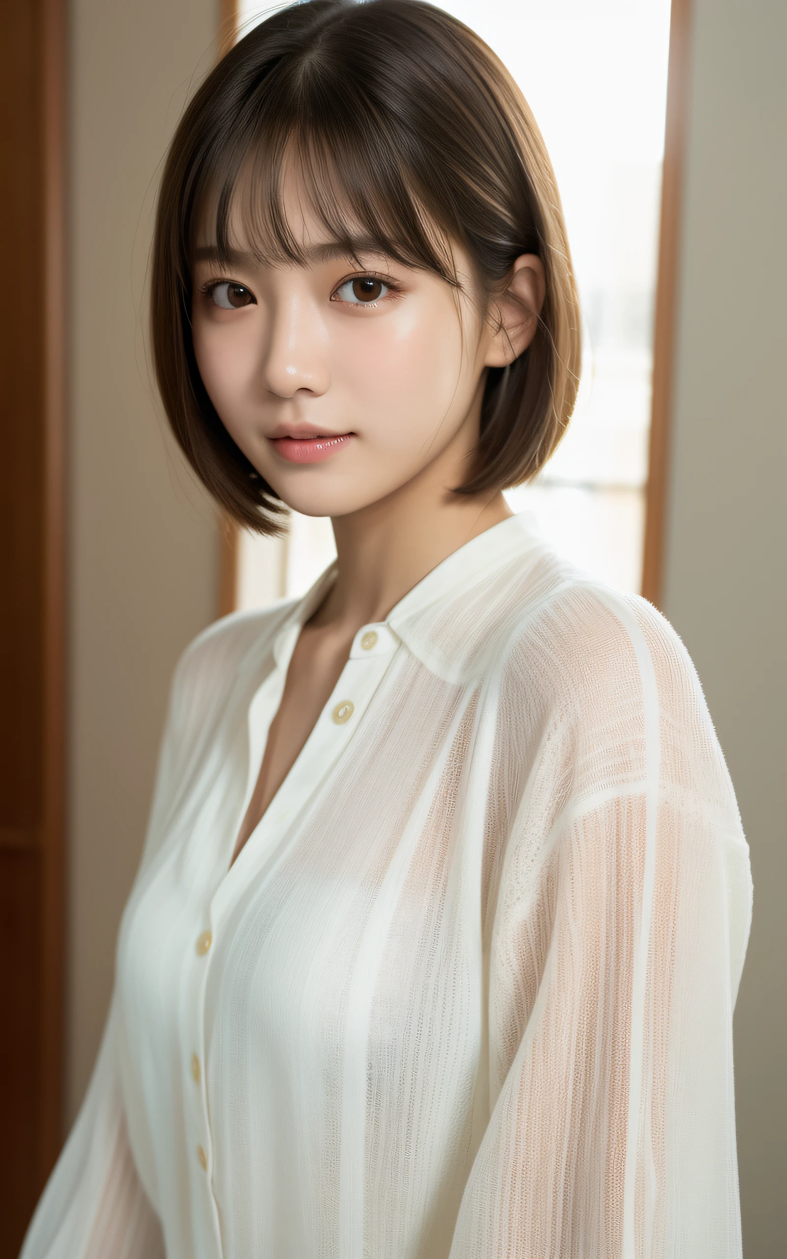 (Photo Real:1.4), (hyper realisitic:1.4), (Smooth lighting:1.05), 1 girl, (sad:1.5), neat and clean beauty, Close-up of the face, 22 years old, Soft lighting, Back lighting, (cheerfulness:1.2), (Finest Real Textured Skins), Narrow-eyed, Super fine face, Gravure Idol Pose, glowy skin, retinas, Anatomically correct, acurate, Super Detail, Textured skin, High quality, high details, Best Quality, High resolution, bangs, Silk Blouse