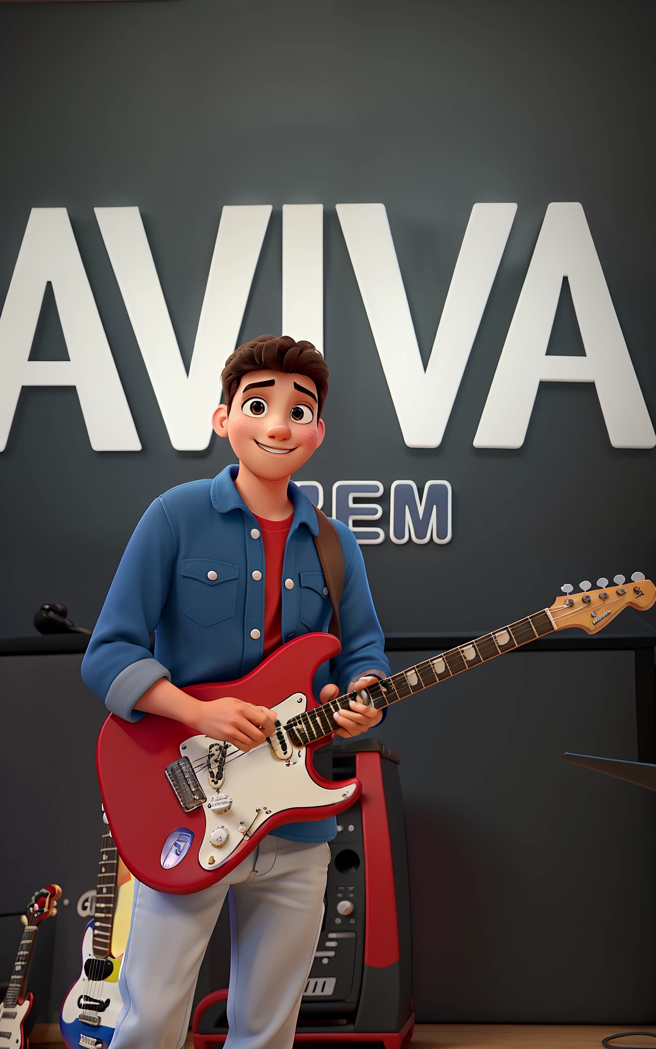 Disney pixar 3D poster, com um jovem moreno tocando guitarra stratocaster vermelha no palco com luzes