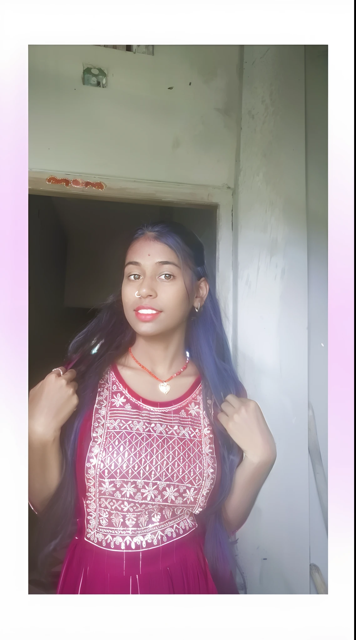 there is a woman with long blue hair standing in a doorway, with a beautifull smile, with lovely look, very very very beautifull face, with accurate face, around 1 9 years old, very beautiful girl, indian, assamese aesthetic, very very low quality picture, beutiful face, indian girl with brown skin, beuatiful face, with beautiful colors